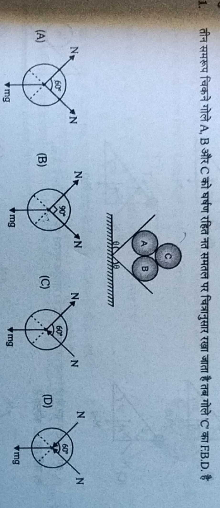 1. तीन समरूप चिकने गोले A,B और C को घर्षण रहित नत समतल पर चित्रानुसार 