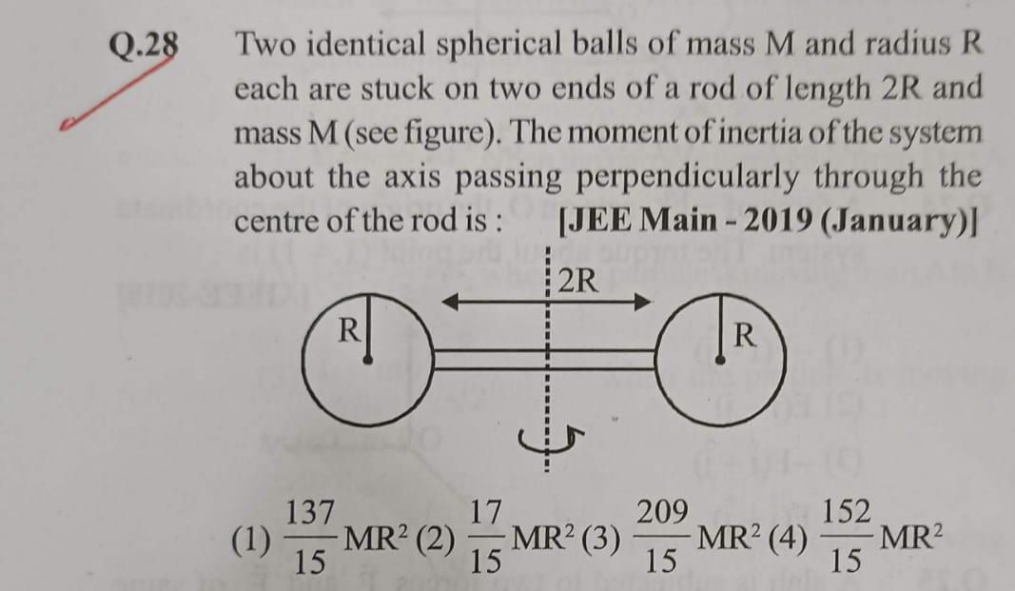 Q. 28 Two identical spherical balls of mass M and radius R each are st