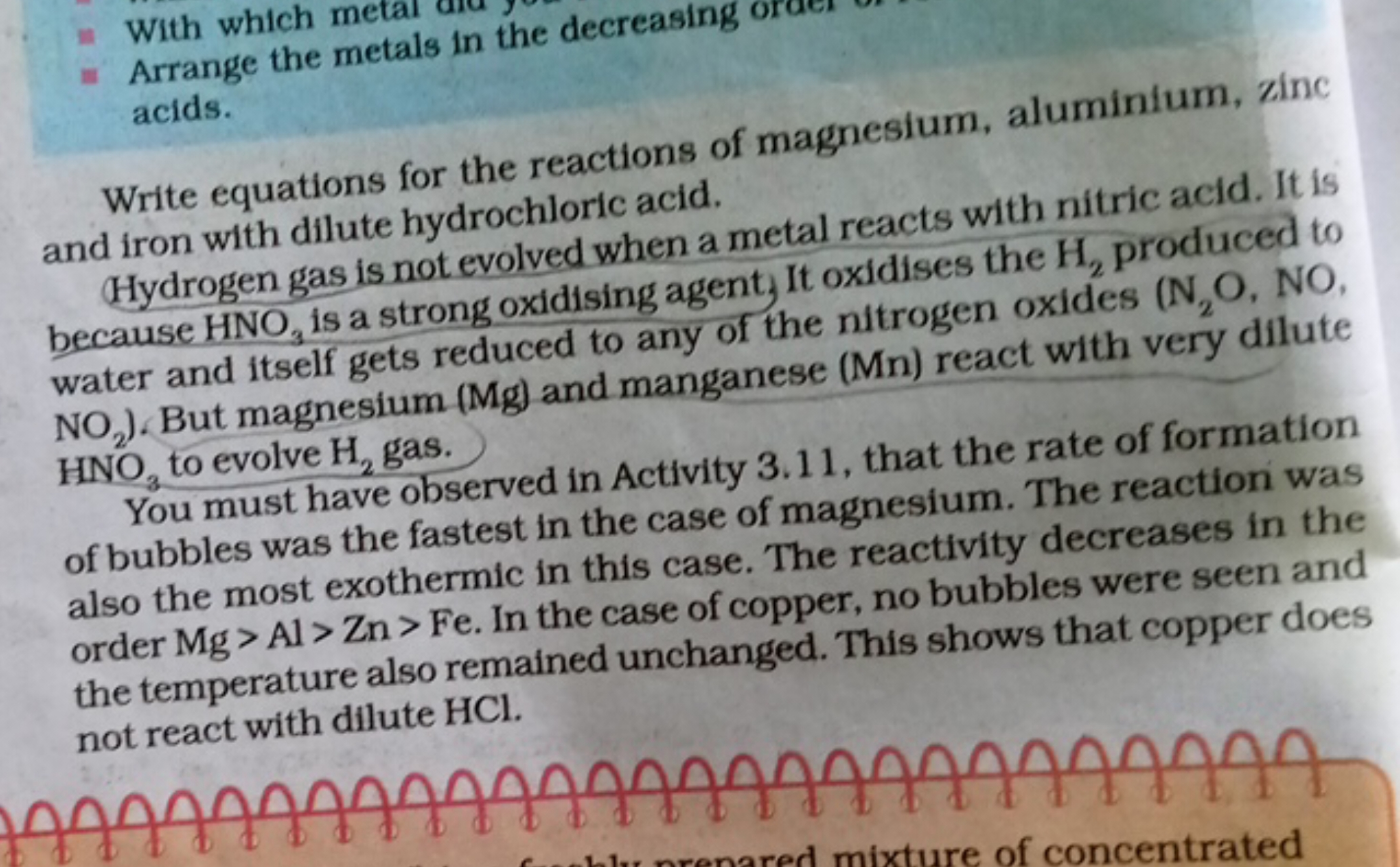 ( With which metal
- Arrange the metals in the decreasing orues acids.