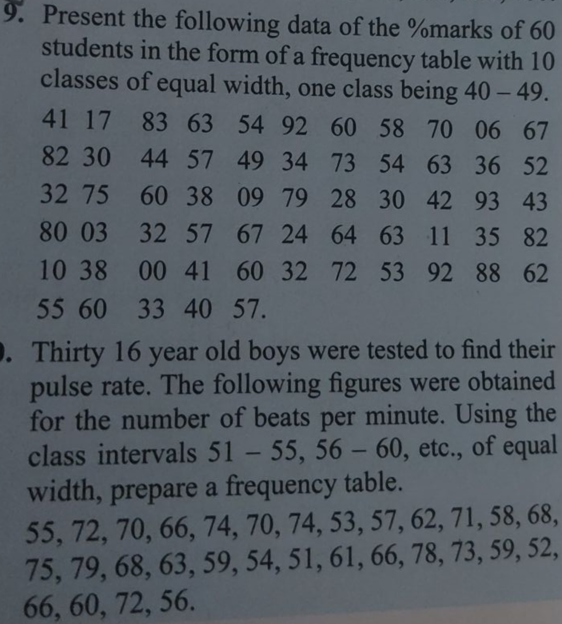 9. Present the following data of the % marks of 60 students in the for