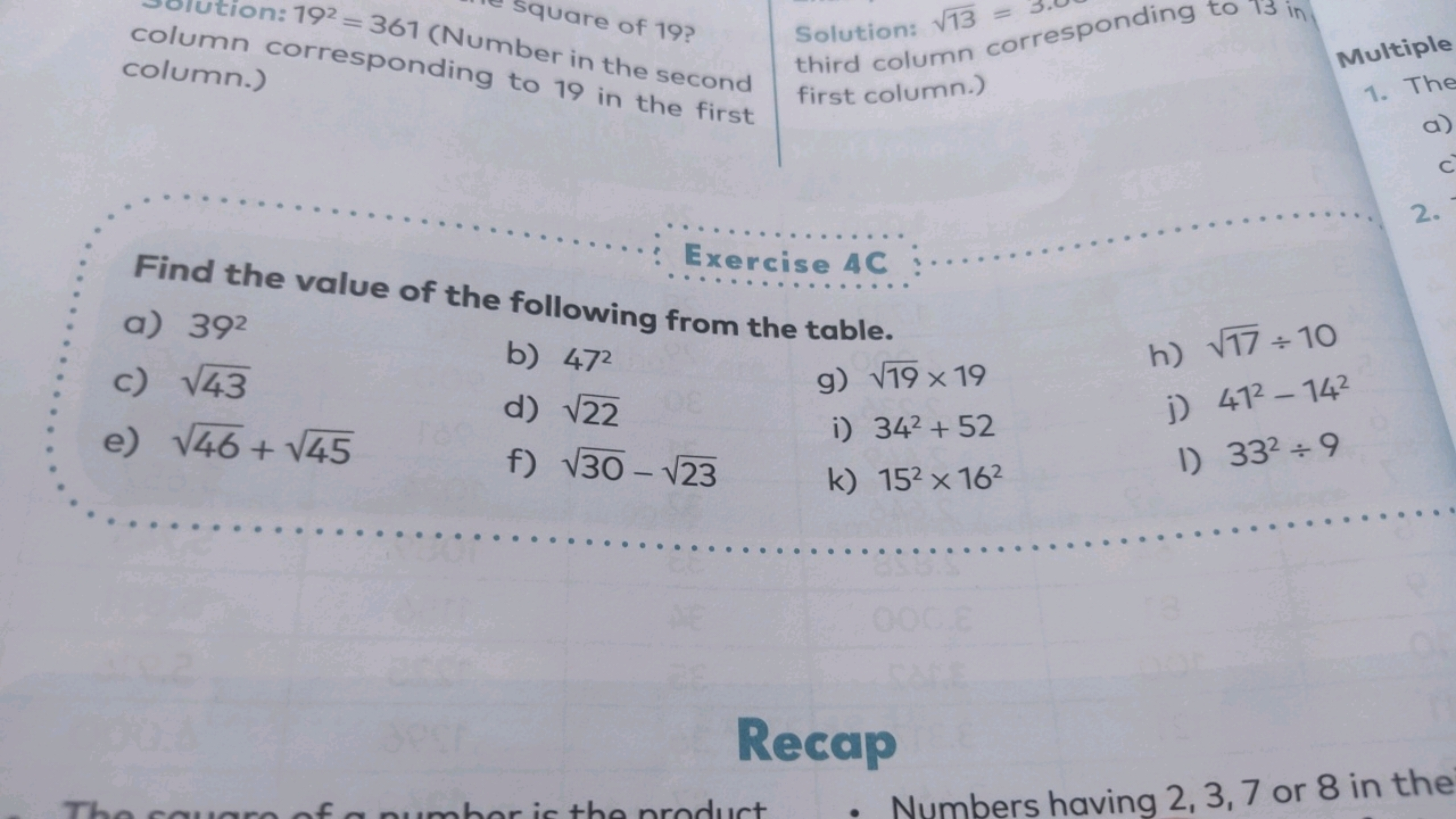 square of 19? Number in the second column.)

Solution: 13​= third colu