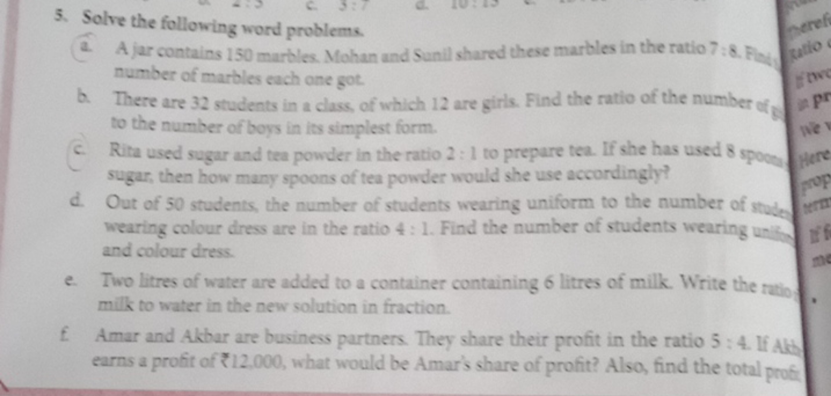 5. Solve the following word problems.
a. A jar contains 150 marbles. M