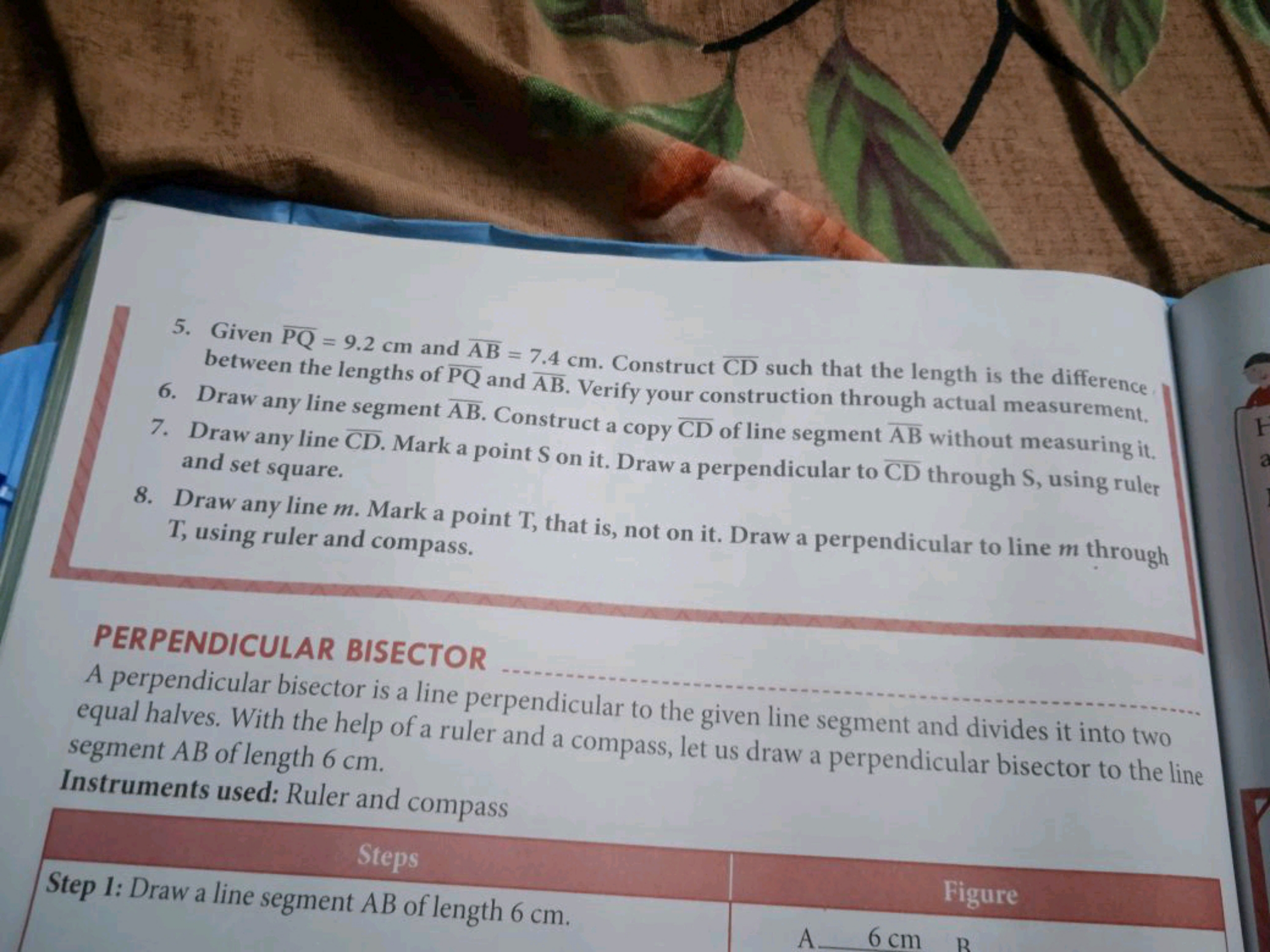 5. Given PQ = 9.2 cm and AB = 7.4 cm. Construct CD such that the lengt