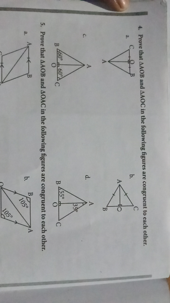 4. Prove that △AOB and △AOC in the following figures are congruent to 