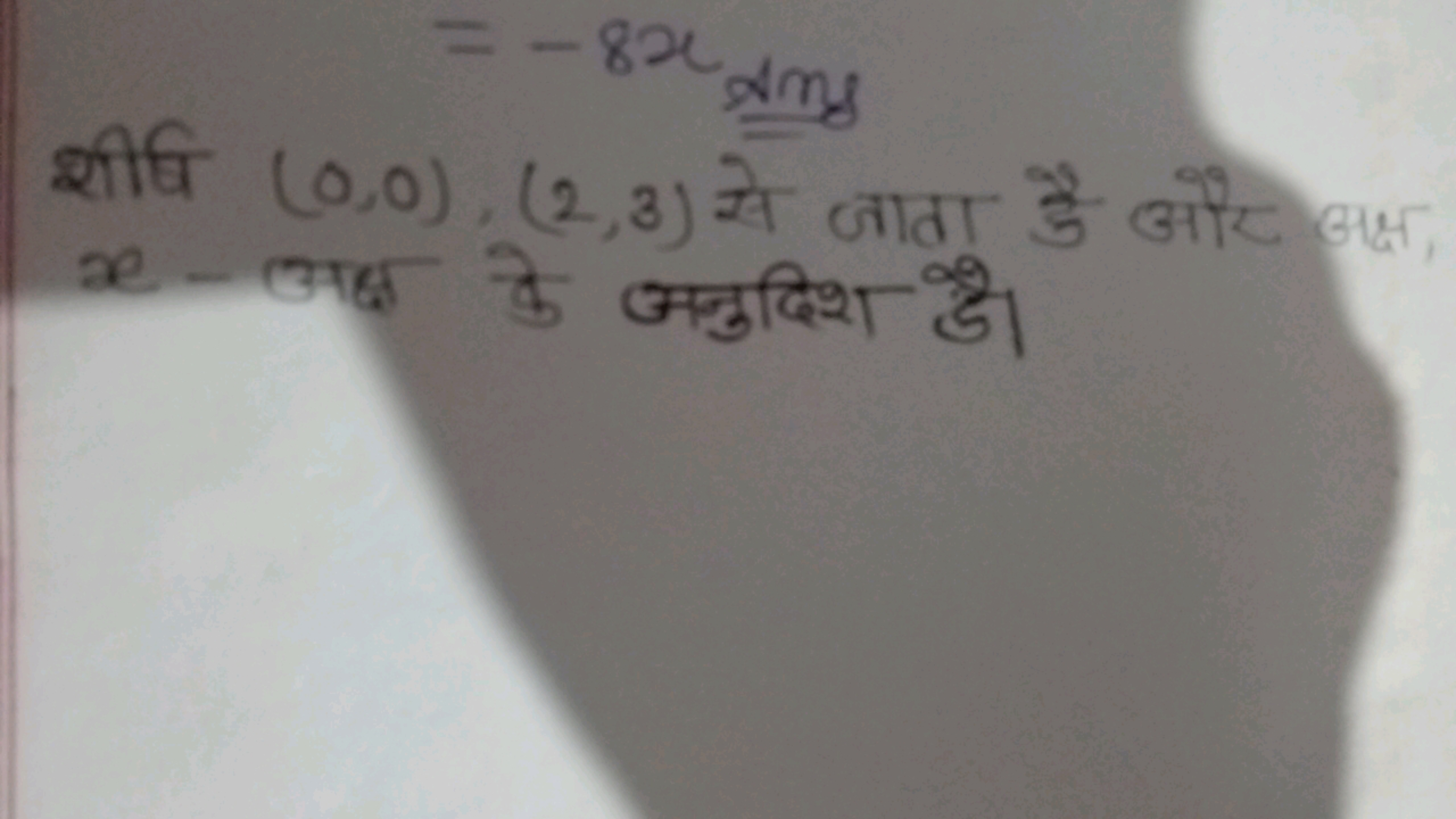 शीध (0,0),(2,3) से जाता है और अक्ष,
x अक्ष के अनुदिश है।