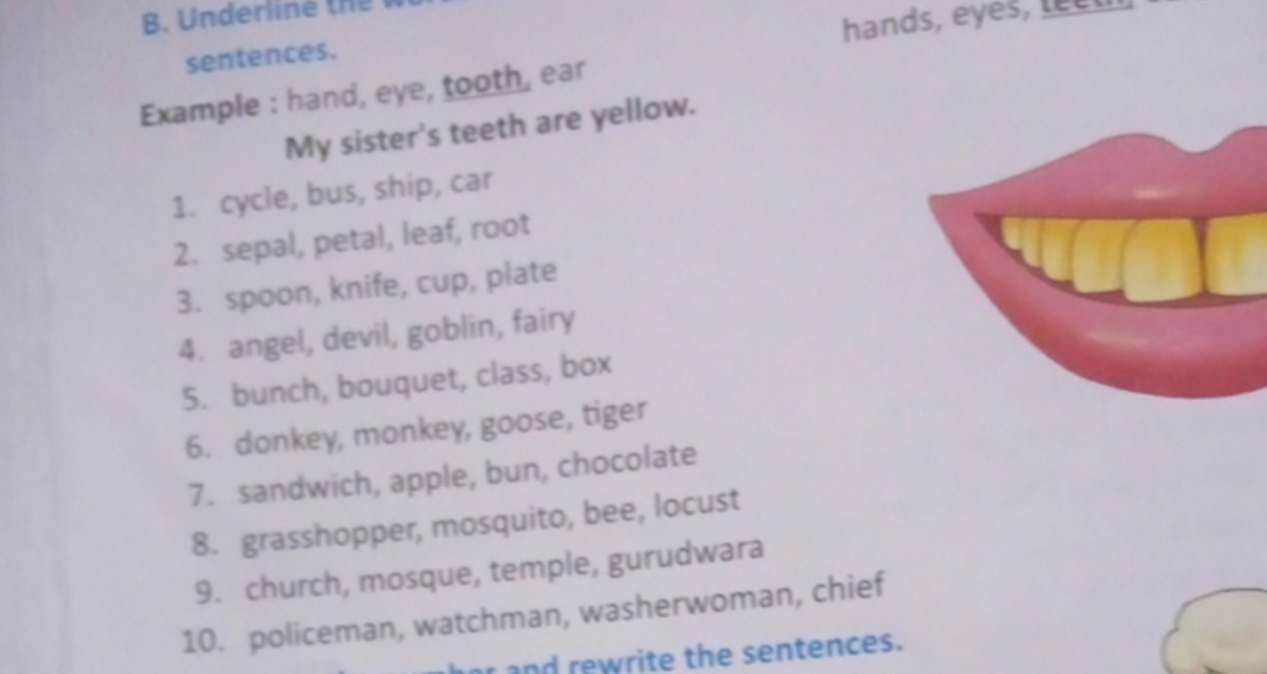 sentences.
Erample: hand, eye, tooth, ear
My sister's teeth are yellow