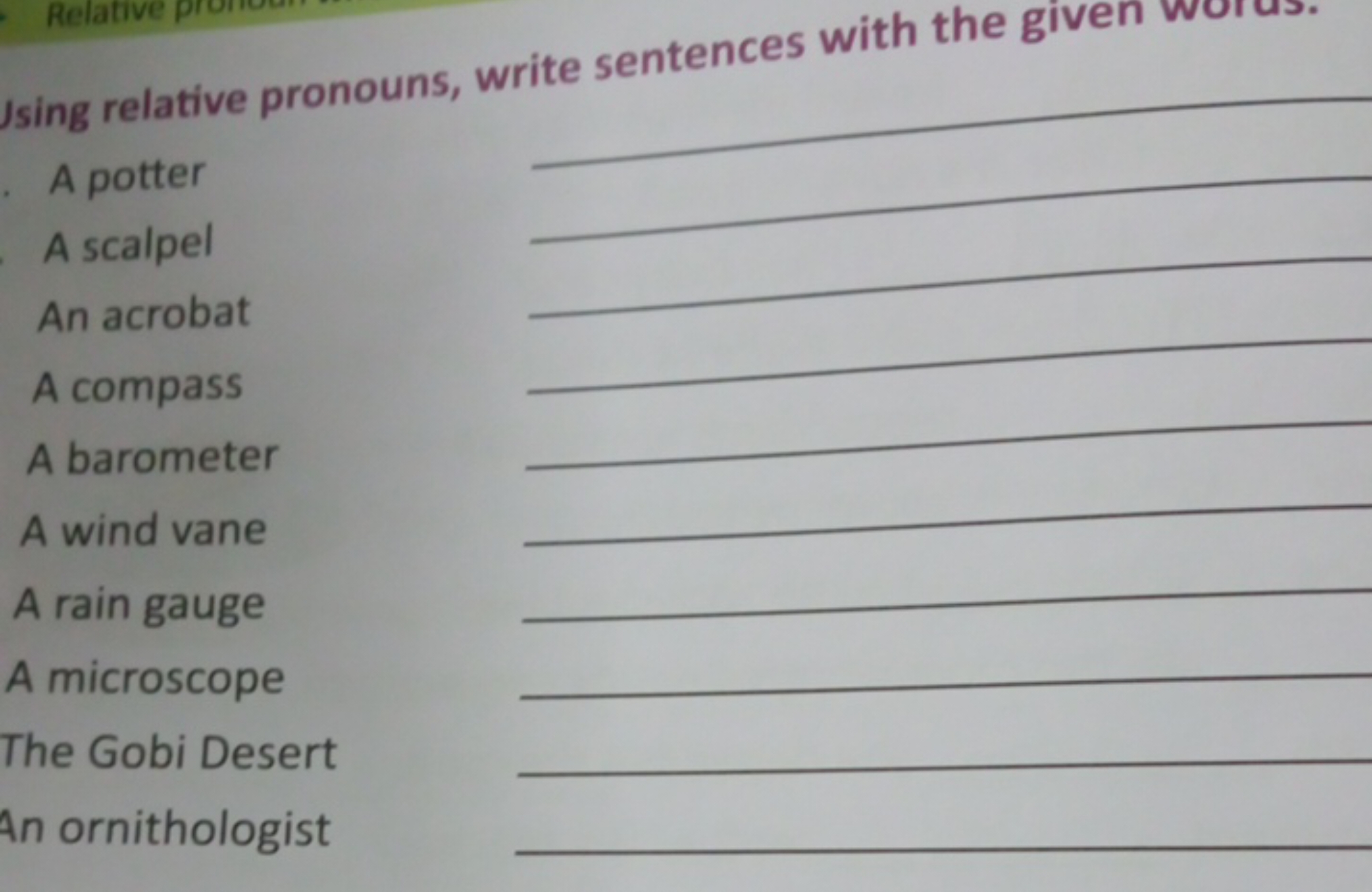 Ising relative pronouns, write sentences with the given words.
A potte