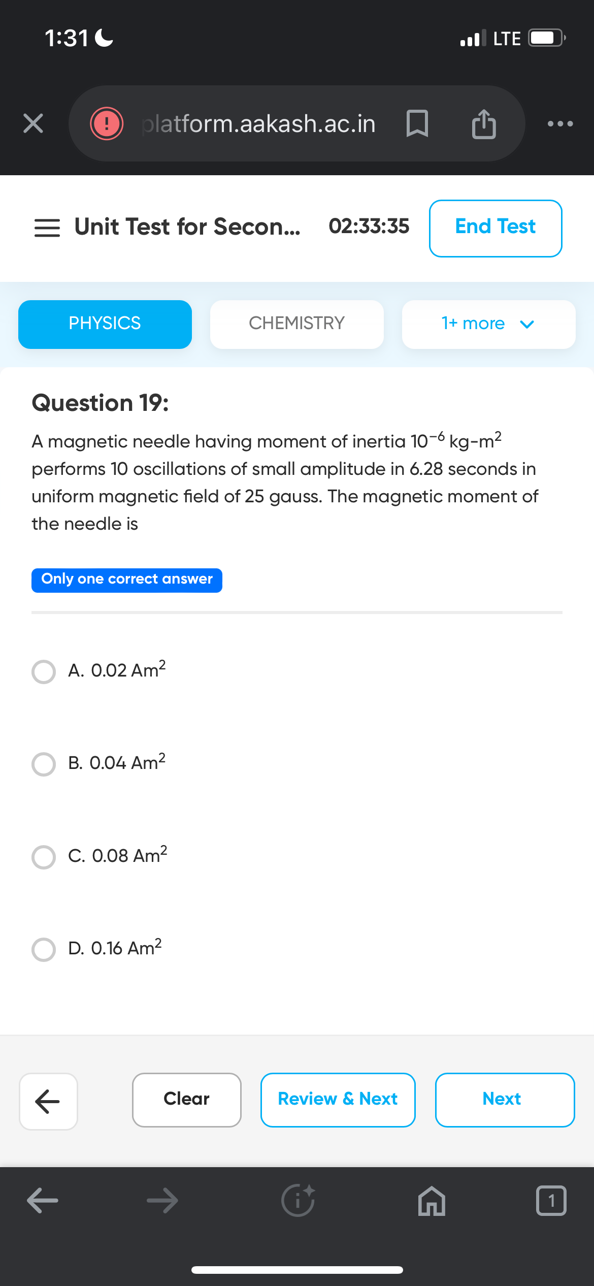 1:31 C
LTE
(P) satform.aakash.ac.in
■
¡
..
≡ Unit Test for Secon...
02