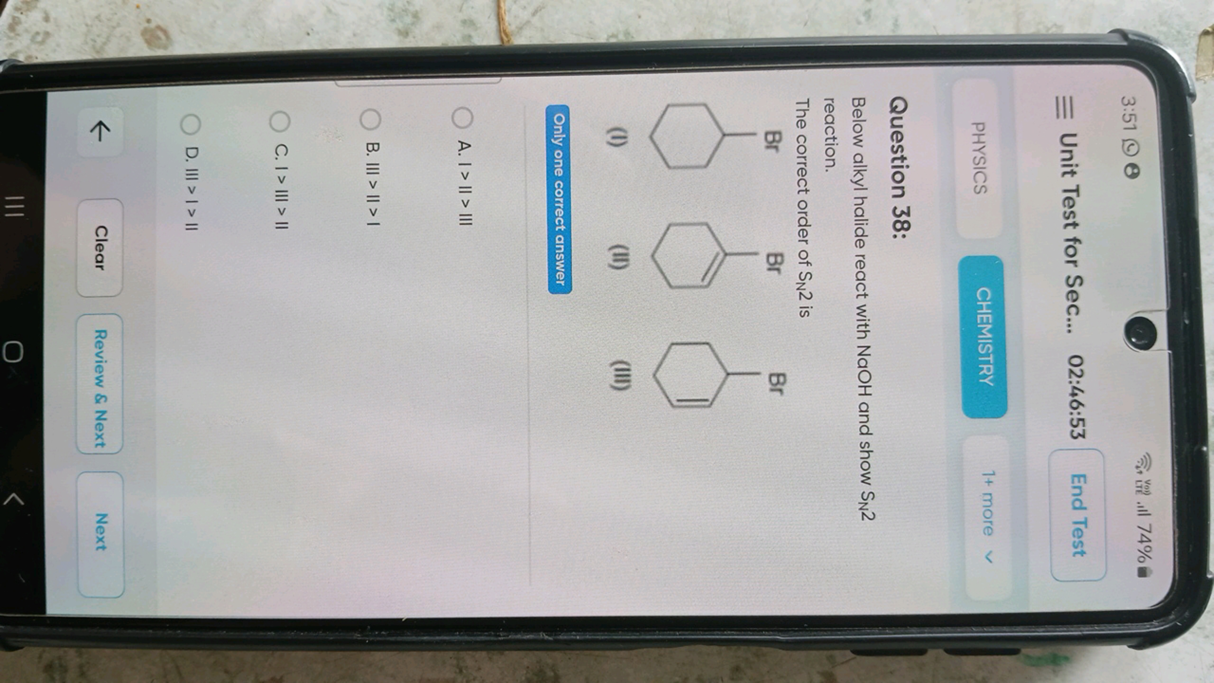 3:51
(4) 8
ริง 뉸 . Il 74%
≡ Unit Test for Sec...
02:46:53
End Test
PHY