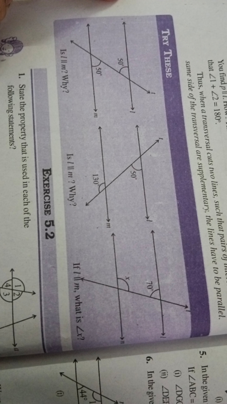 You find p
 that ∠1+∠2=180∘. 

Thus, when a transversal cuts two lines