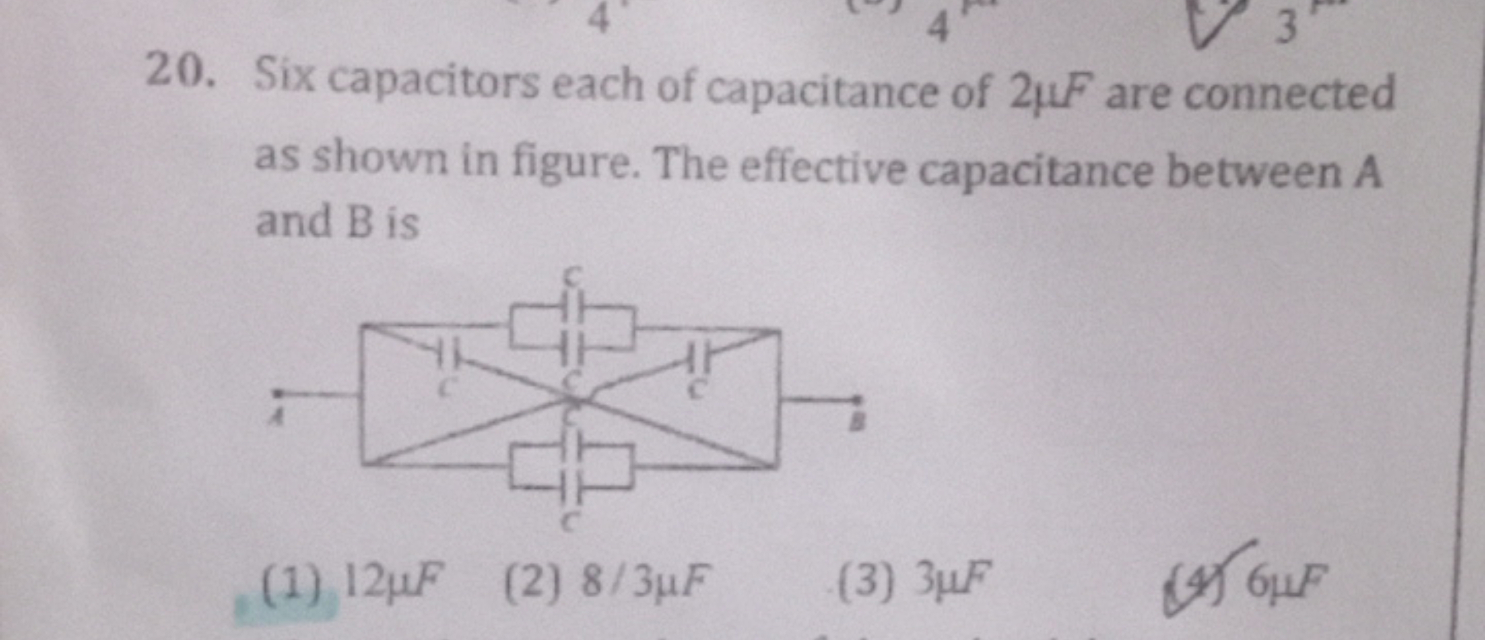 20. Six capacitors each of capacitance of 2μF are connected as shown i