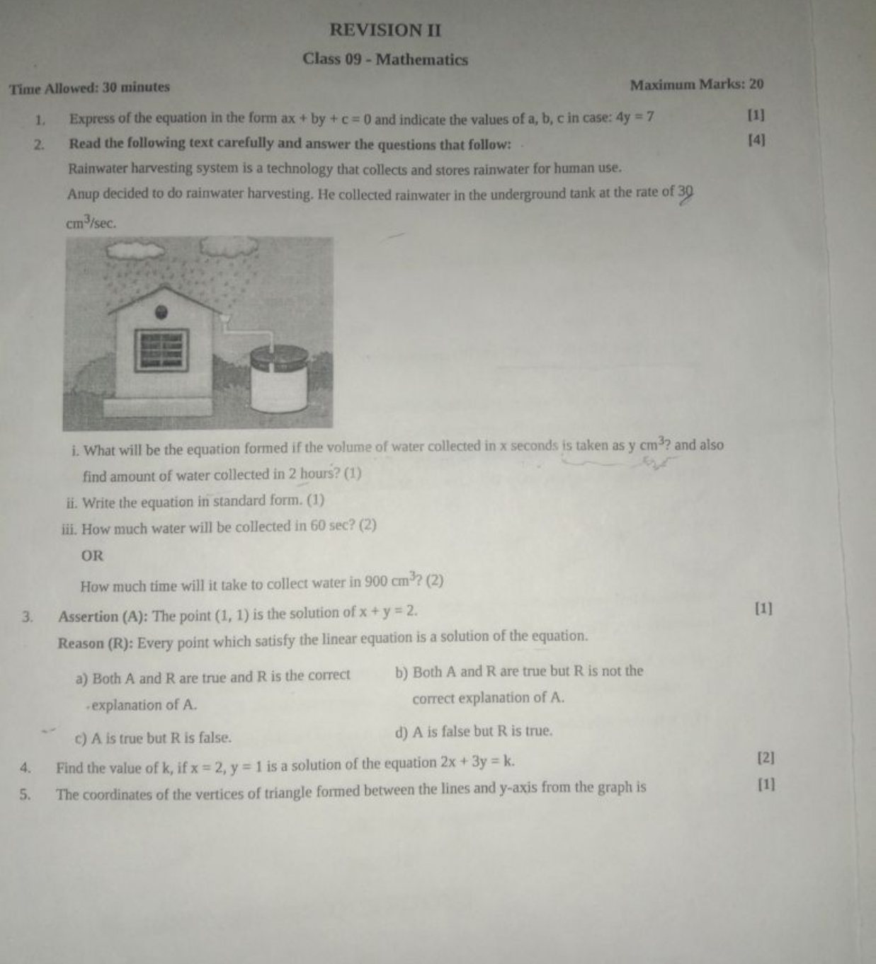 REVISION II
Class 09 - Mathematies
Time Allowed: 30 minutes
Maximum Ma