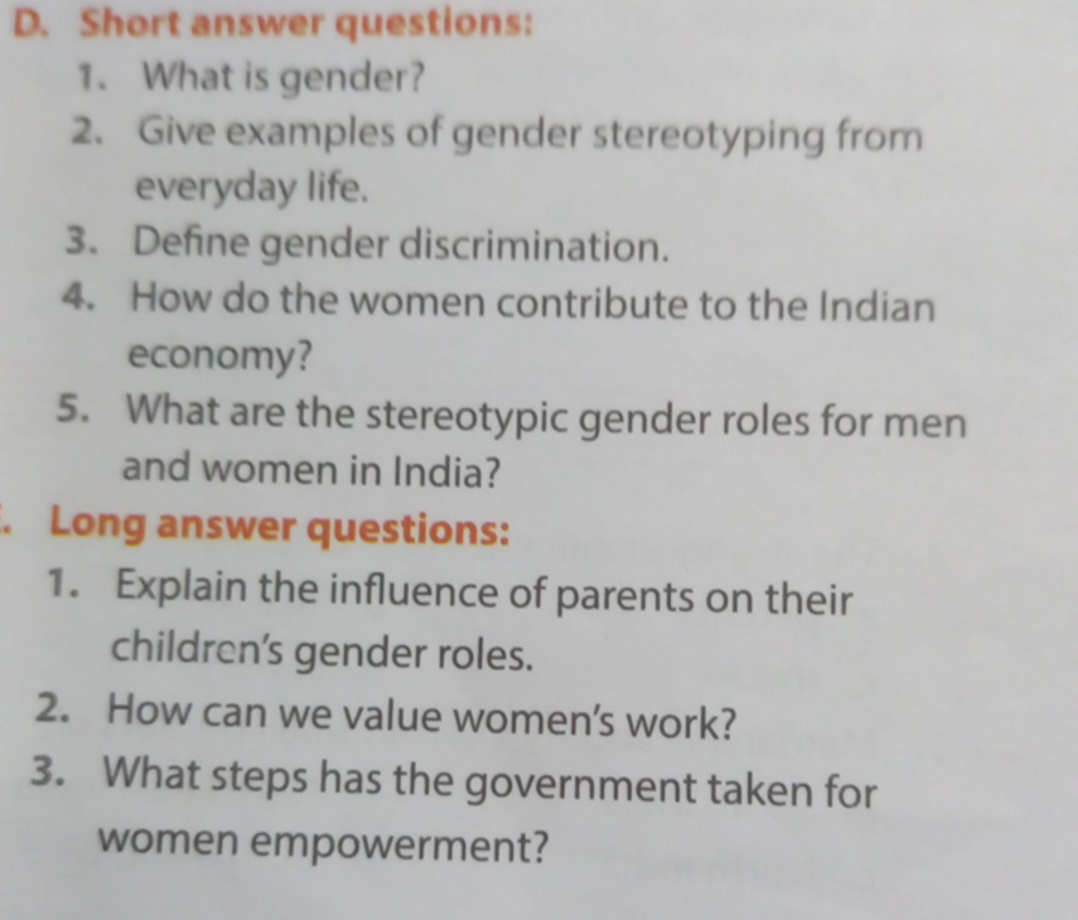 D. Short answer questions:
1. What is gender?
2. Give examples of gend