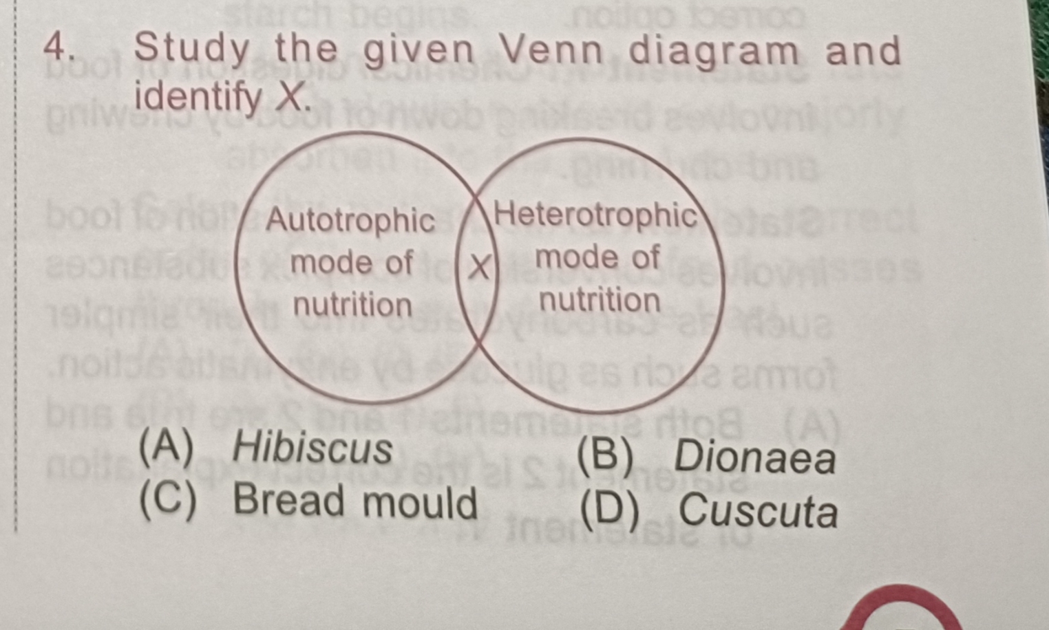 4. Study the given Venn diagram and identify X.
(A) Hibiscus
(B) Diona