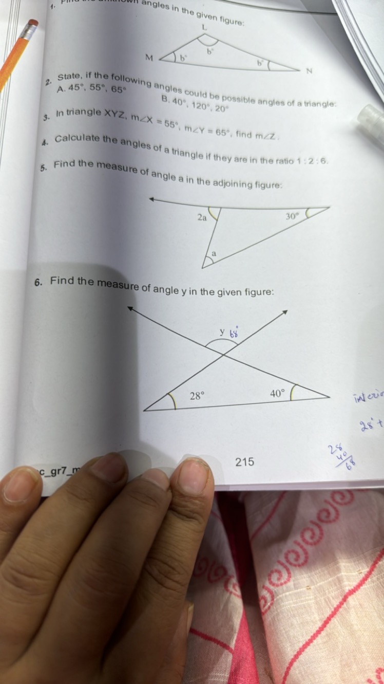 angles in the given figure:
2. State, if the follo
A. 45∘,55∘,65∘
A. 4