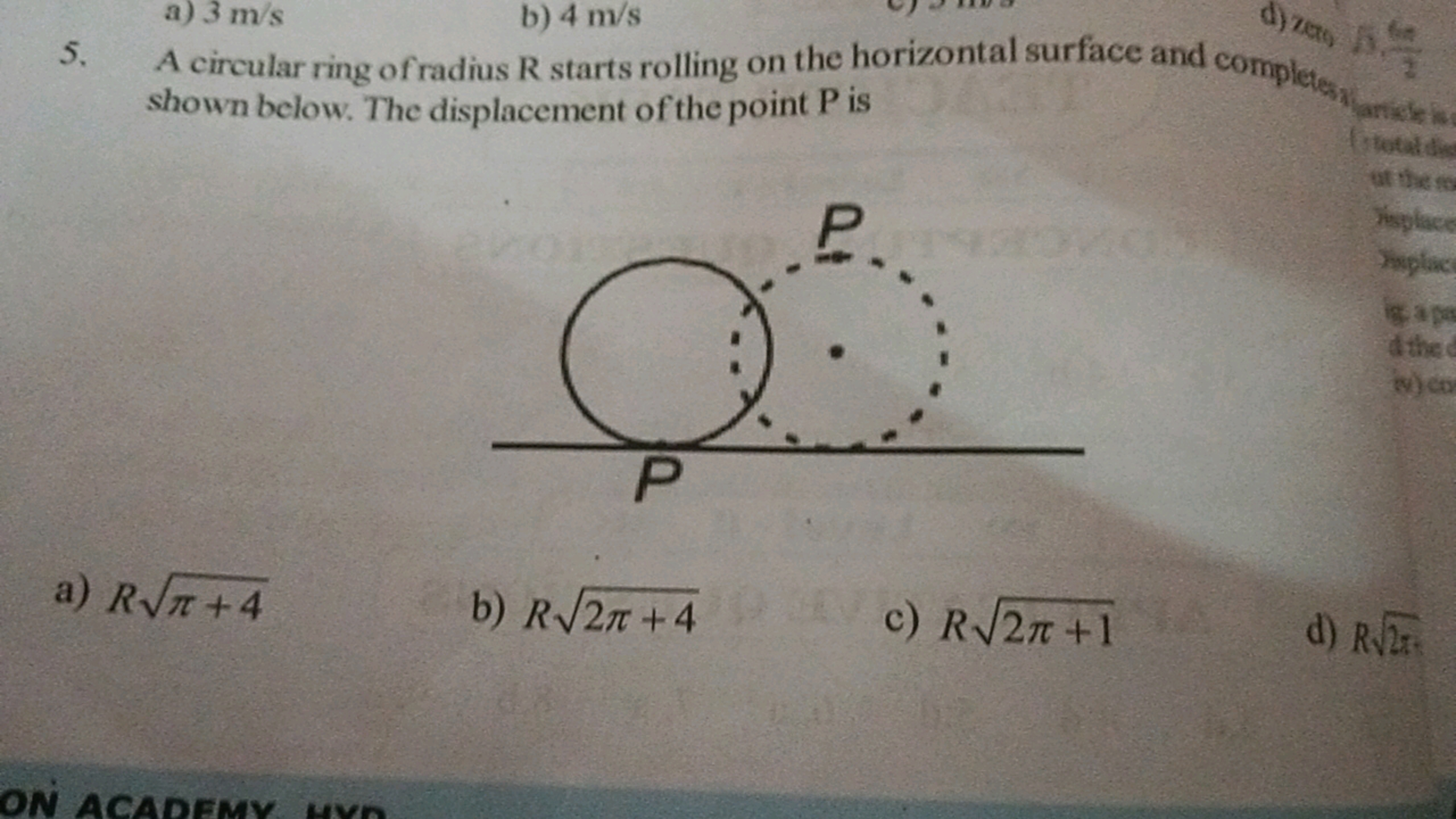 5. A circular ring of radius R starts rolling on the horizontal surfac