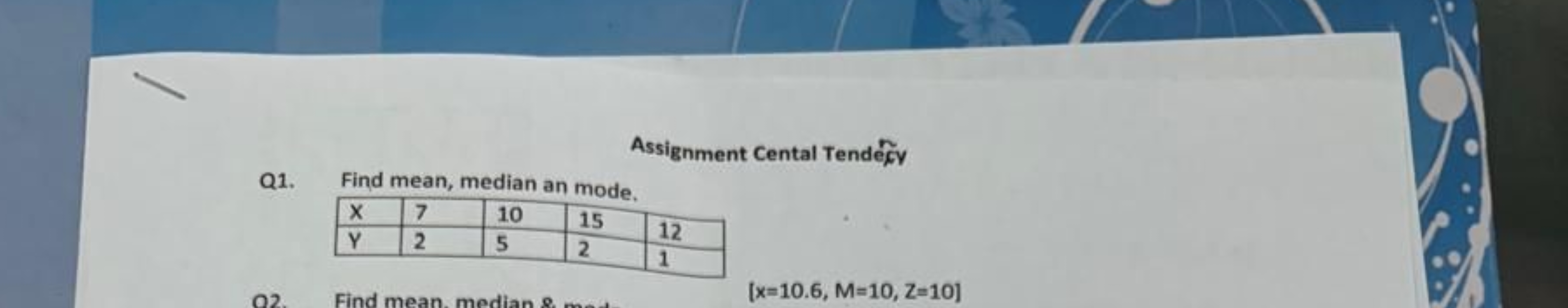 Assignment Cental Tendé̌ay
Q1. Find mean, median an mode.
\begin{tabul