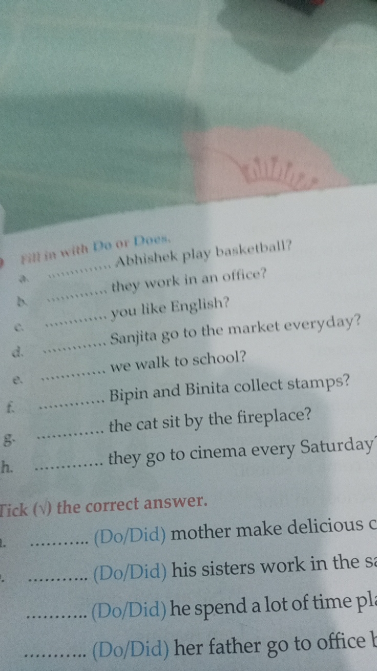 till in with Do or Does.
a. Abhishek play basketball?
b  they work in 