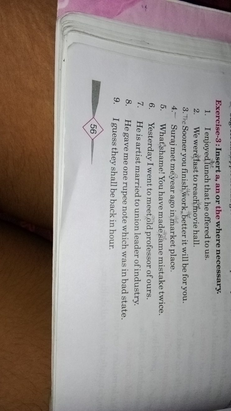 Exercise-3: Insert a, an or the where necessary.
1. Ienjoyed,lunch tha