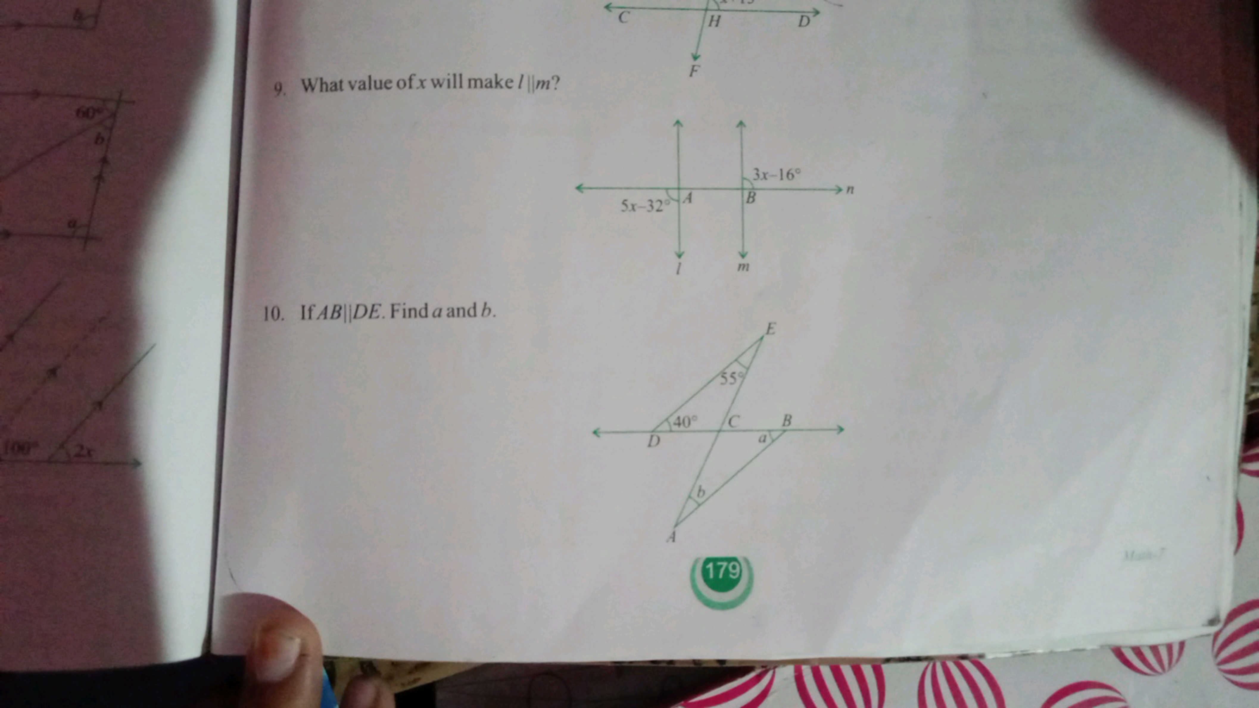 9. What value of x will make l∥m ?
10. If AB∥DE. Find a and b.