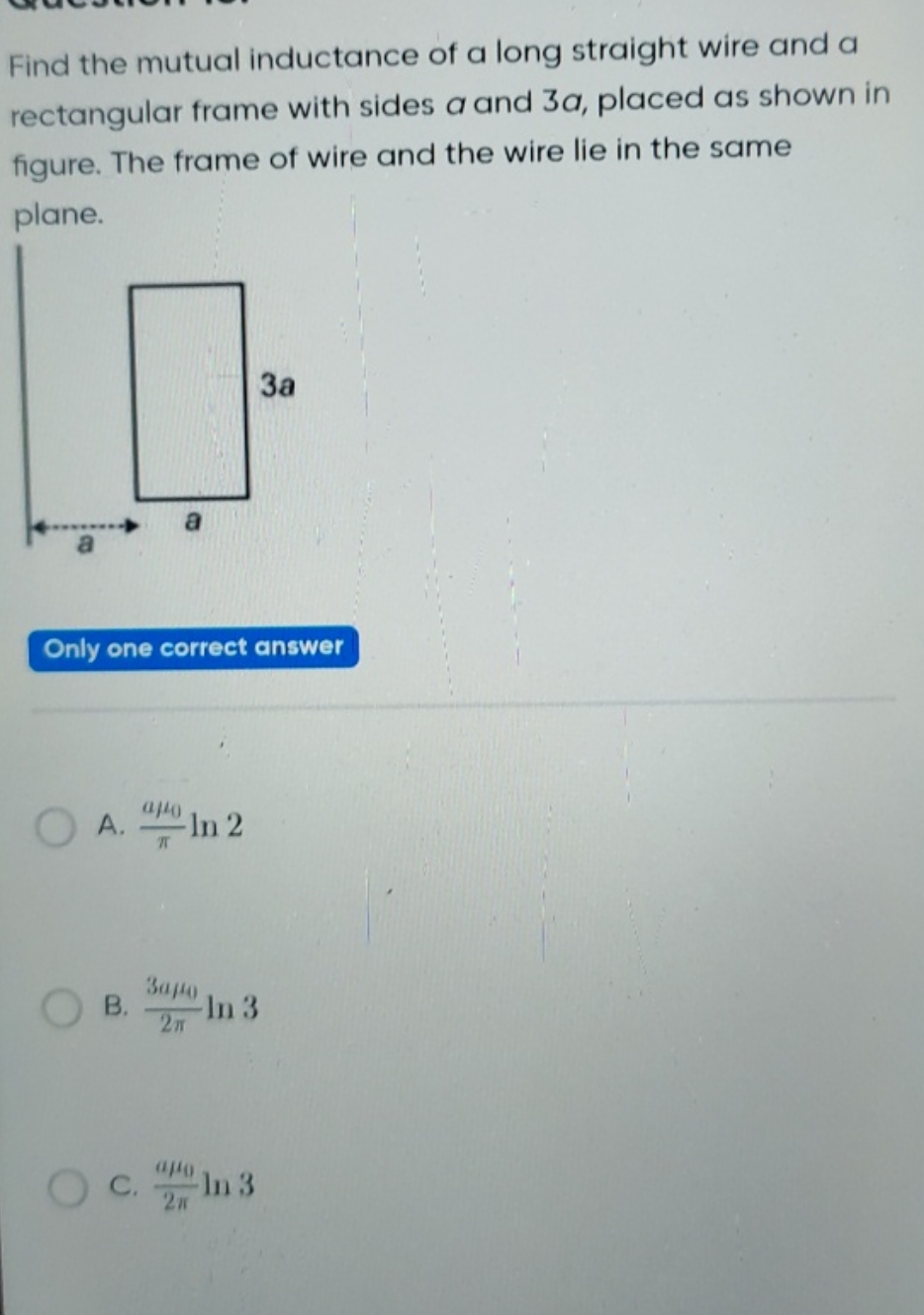 Find the mutual inductance of a long straight wire and a rectangular f