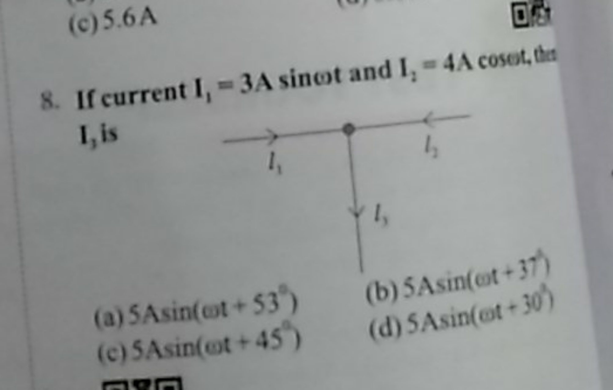 8. If current I1​=3 Asinωt and I2​=4 A coset, ho I3​ is
(a) 5 Asin(ωt+