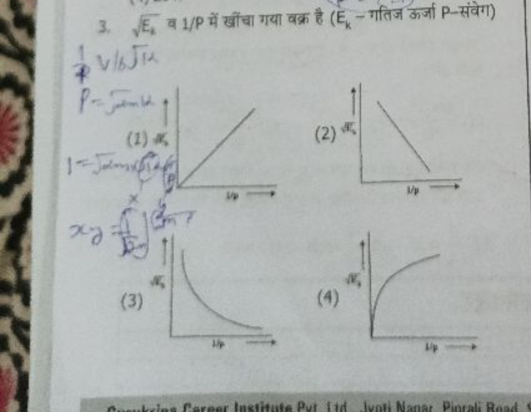 3. Ek​​ व 1/P में खाँचा गया वक्र है ( Ek​-गतिज ऊर्जा P -संवेग)
(2)
(3)