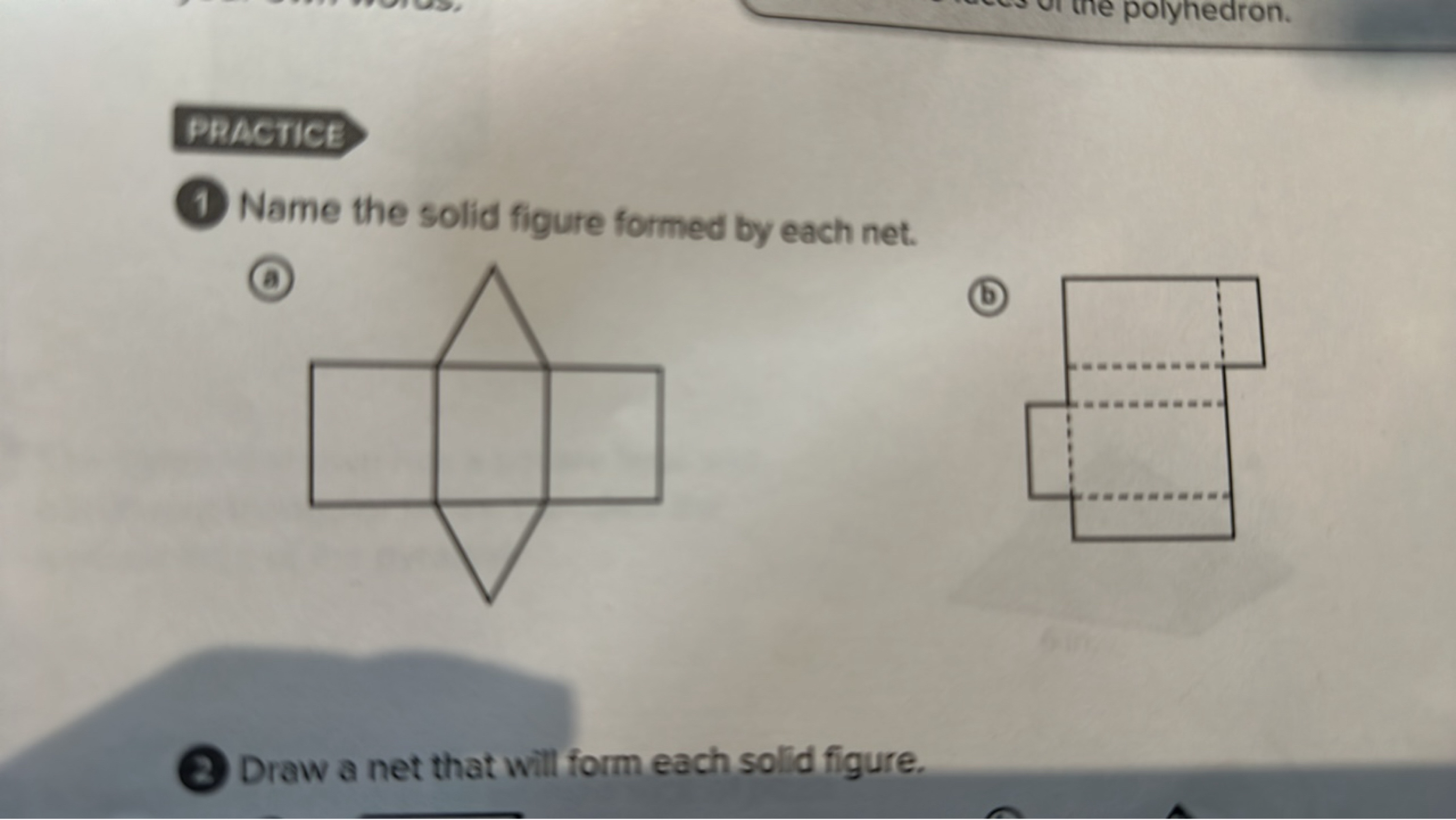 PRACTICE
(1) Name the solid figure formed by each net.
(a)
(b)
(3) Dra