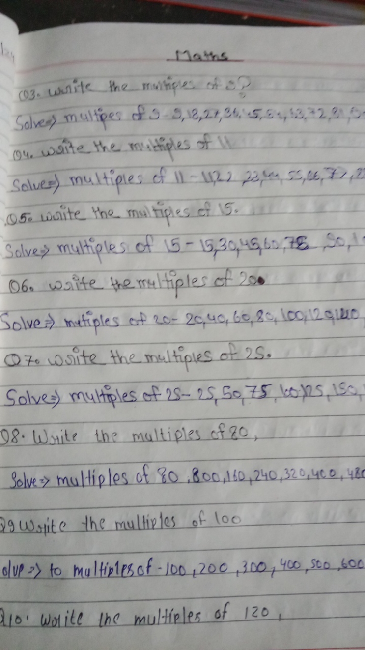 Maths
Q3. Write the mithipes of i?
Solve ⇒ multipes of 5−9,18,21,36,5,