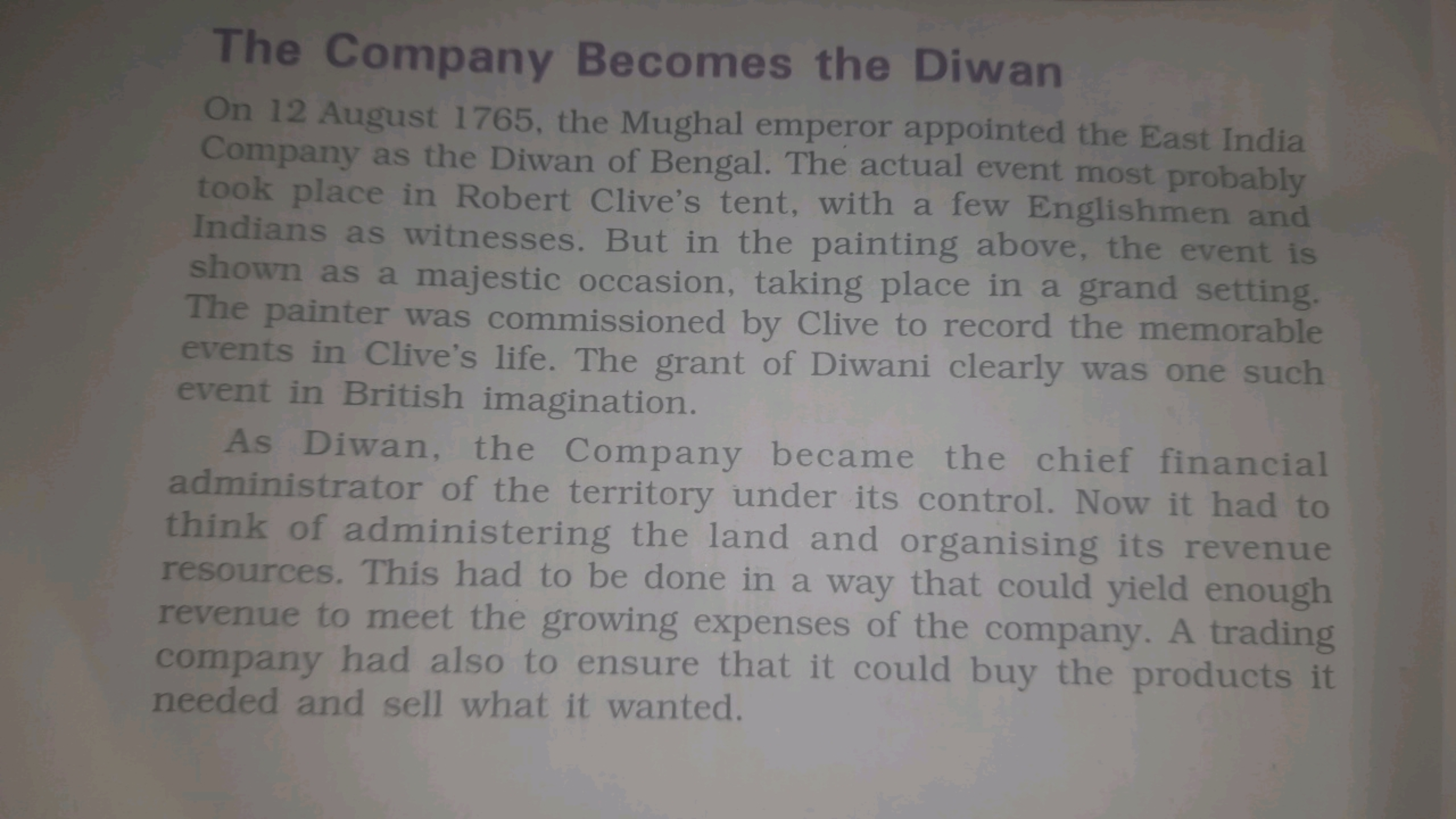 The Company Becomes the Diwan
On 12 August 1765, the Mughal emperor ap