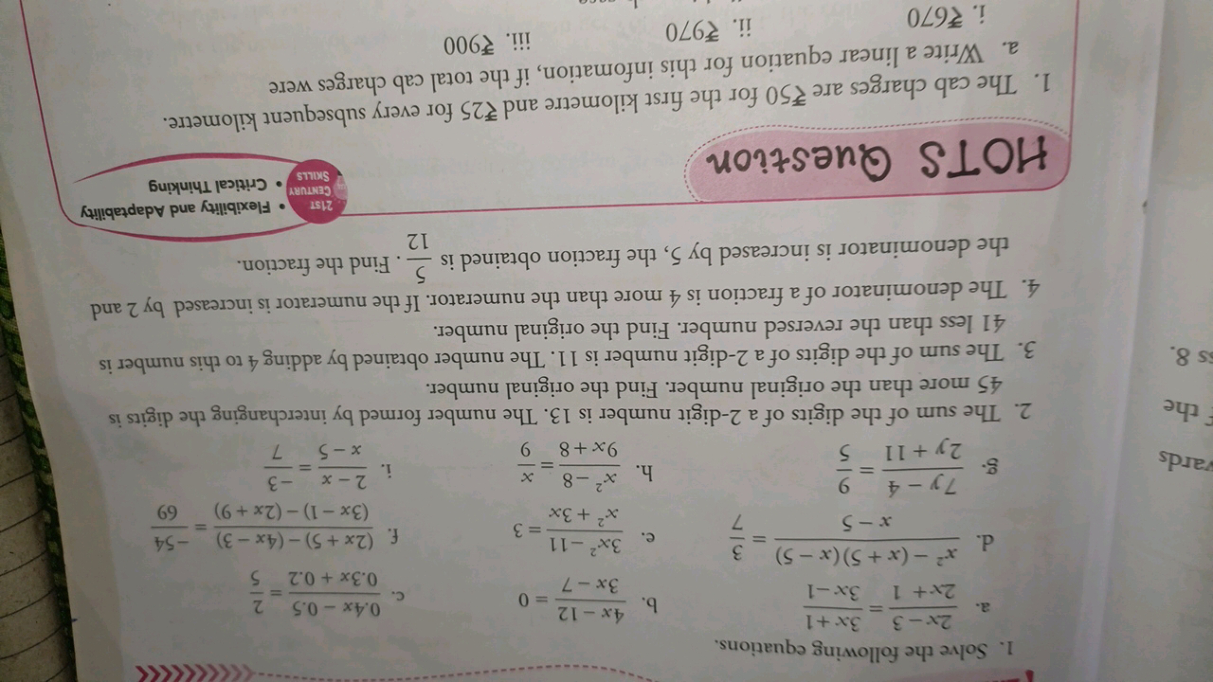 1. Solve the following equations.
a. 2x+12x−3​=3x−13x+1​
b. 3x−74x−12​