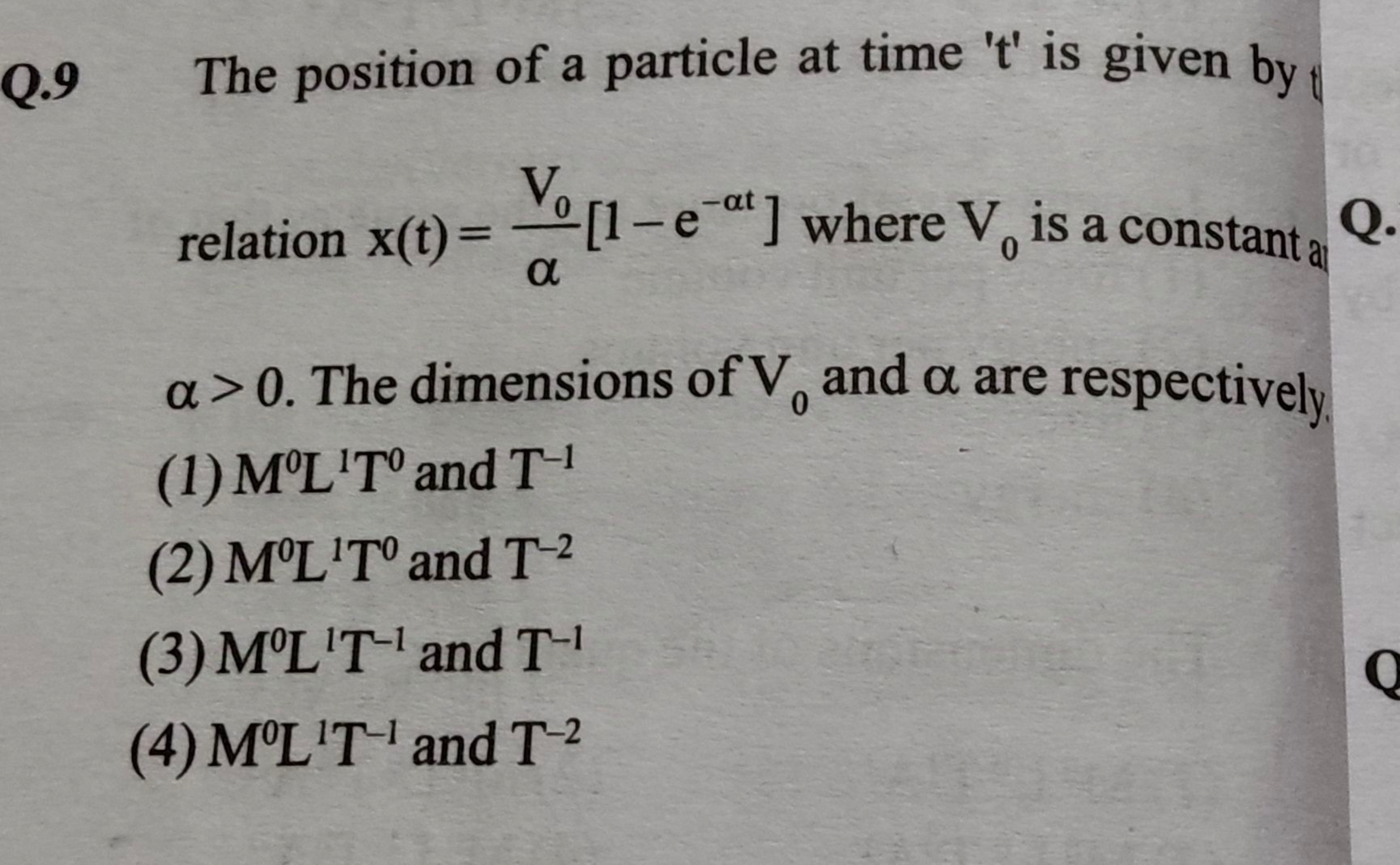 Q. 9 The position of a particle at time ' t ' is given by relation x(t