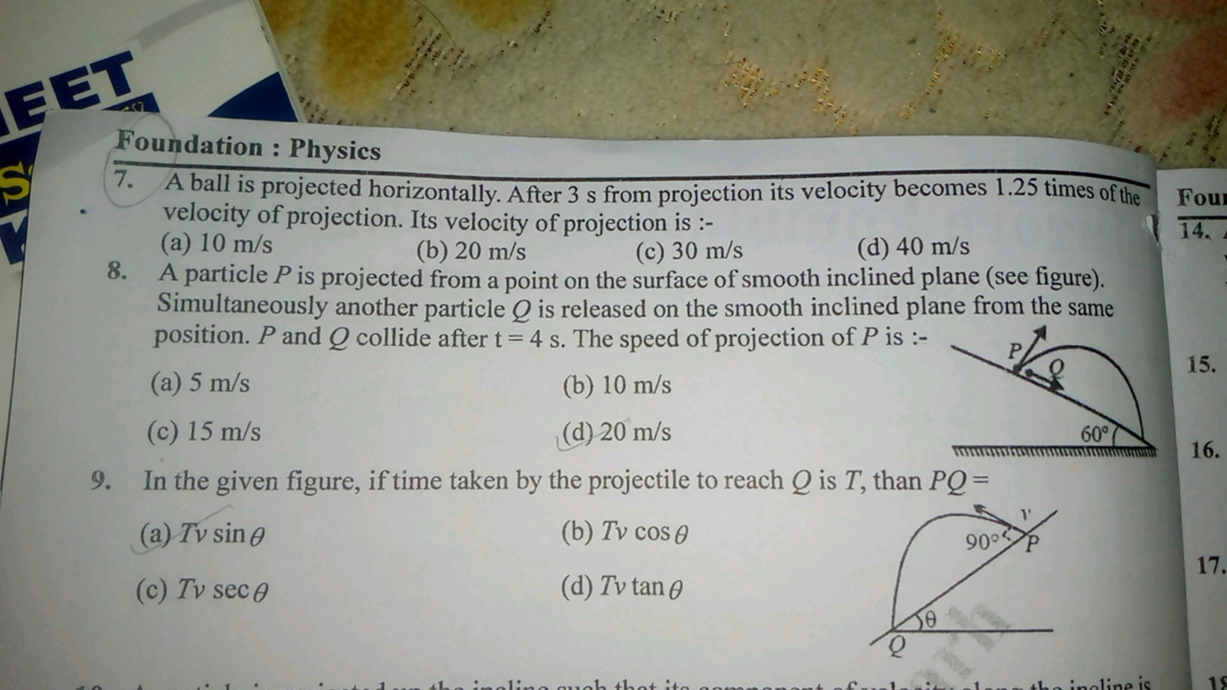 Foundation : Physics
7. A ball is projected horizontally. After 3 s fr