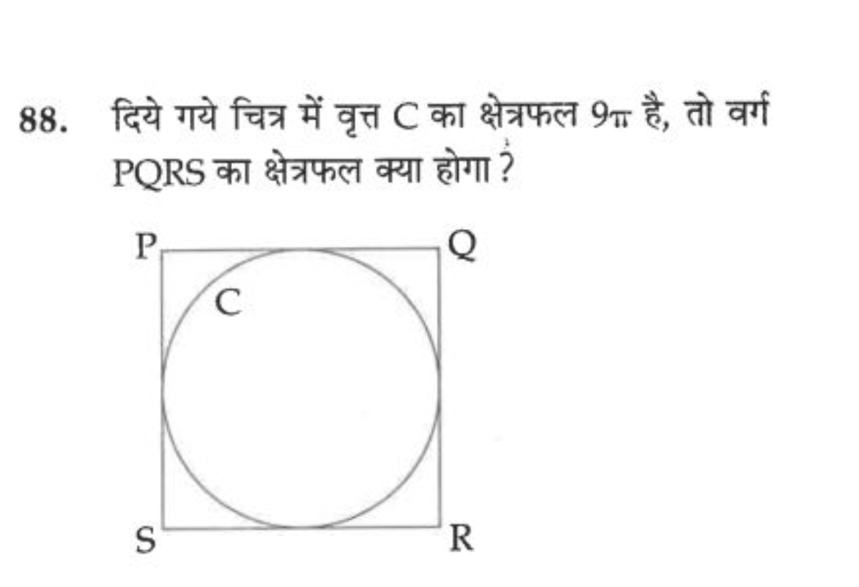 88. दिये गये चित्र में वृत्त C का क्षेत्रफल 9π है, तो वर्ग PQRS का क्ष