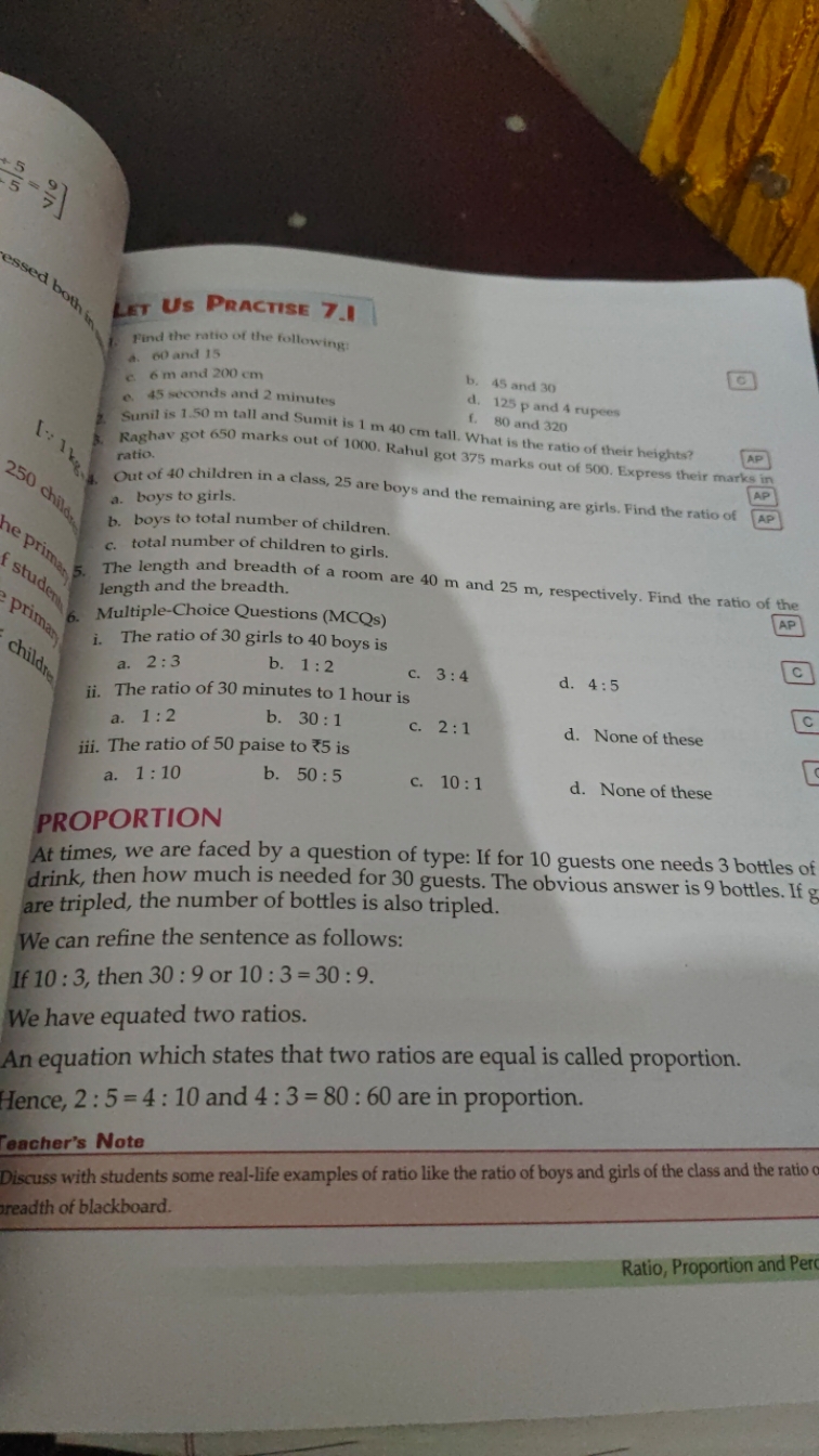 Lit Us Practise 7.1
8. Find the ratio of the following:
A. 60 and 15
b