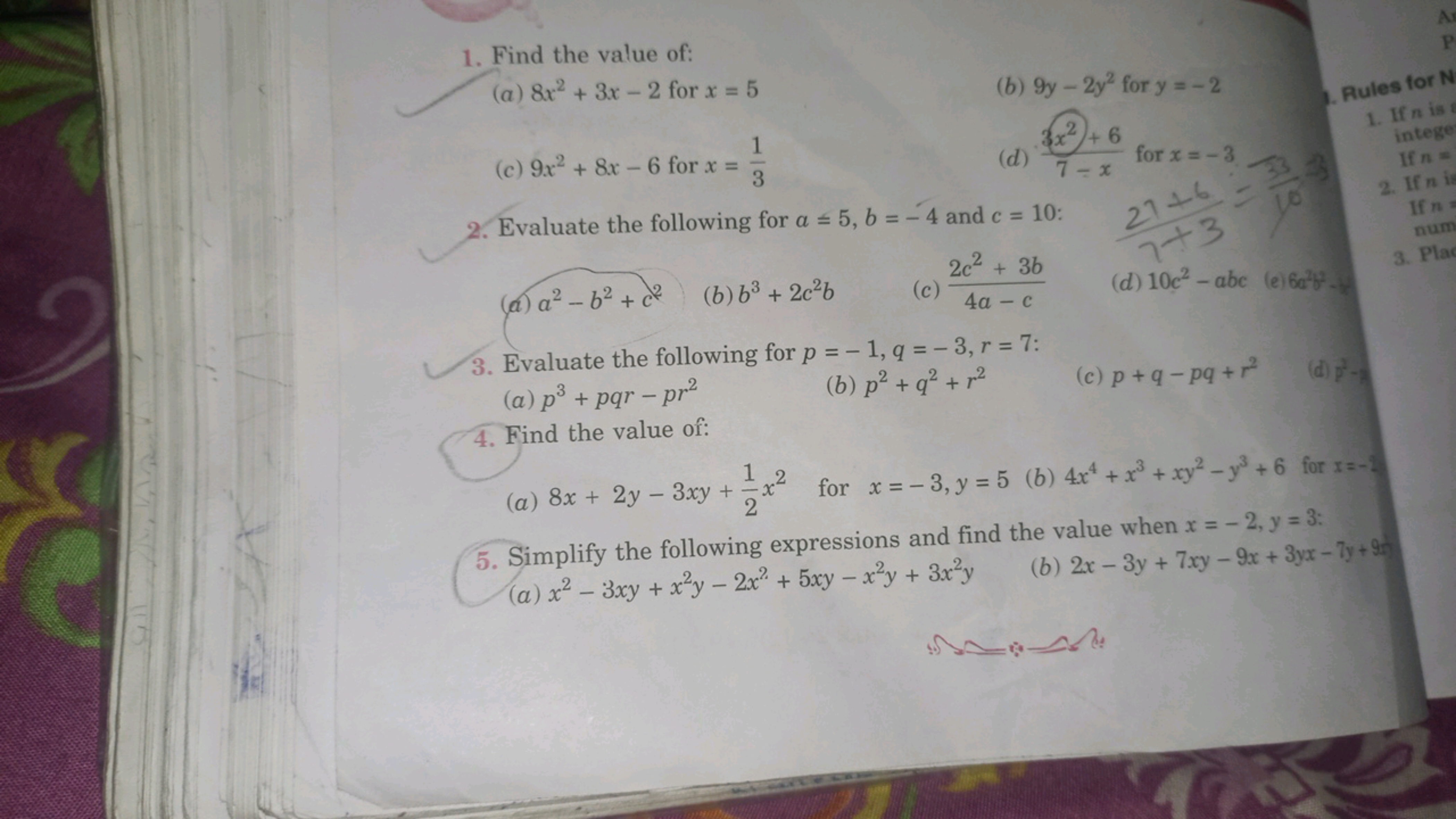 1. Find the value of:
(a) 8x2+3x−2 for x=5
(b) 9y−2y2 for y=−2
(c) 9x2