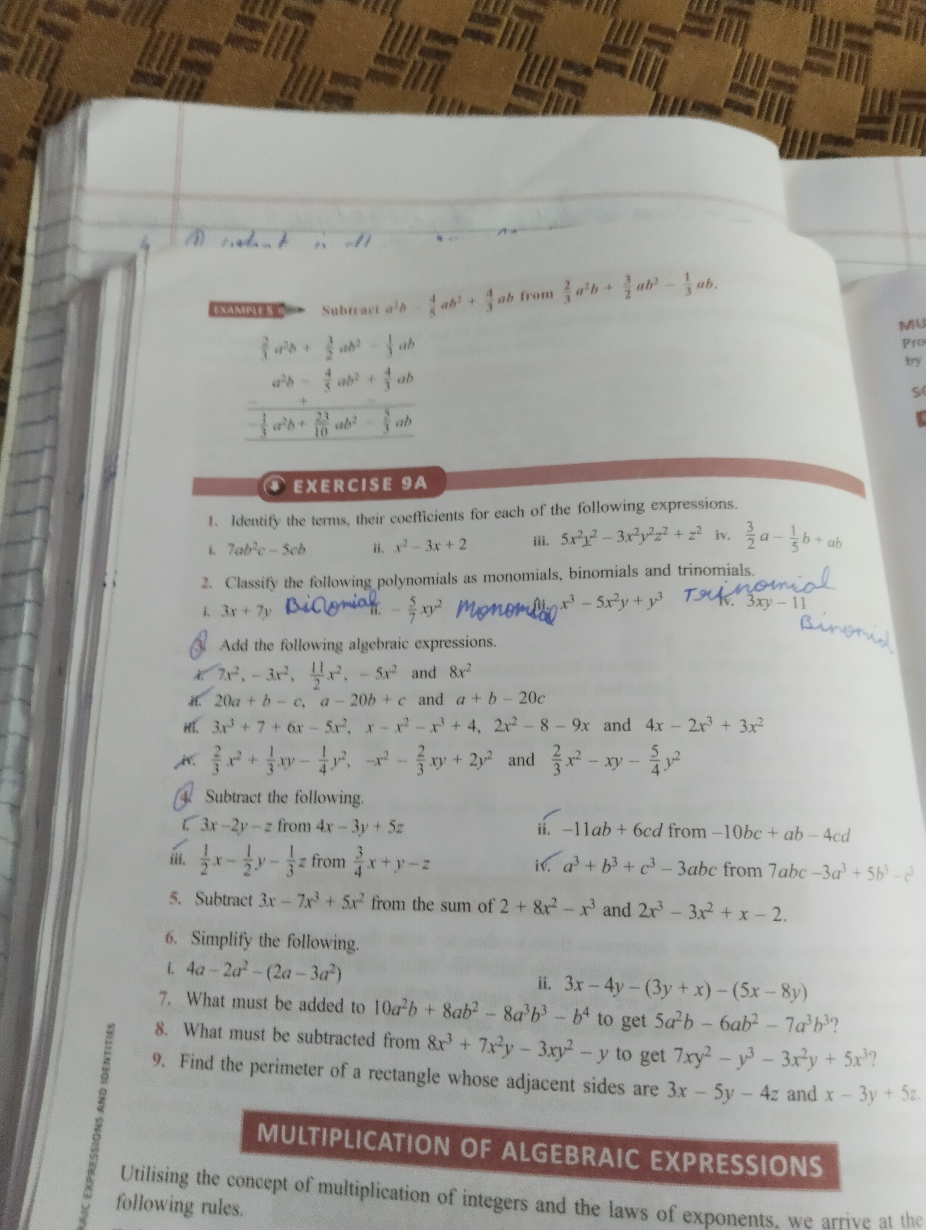 NAMPLES Subtract ab Jab Jab from a¹b + Zab² – ab.
asabab
{a²b+ ab² ab
