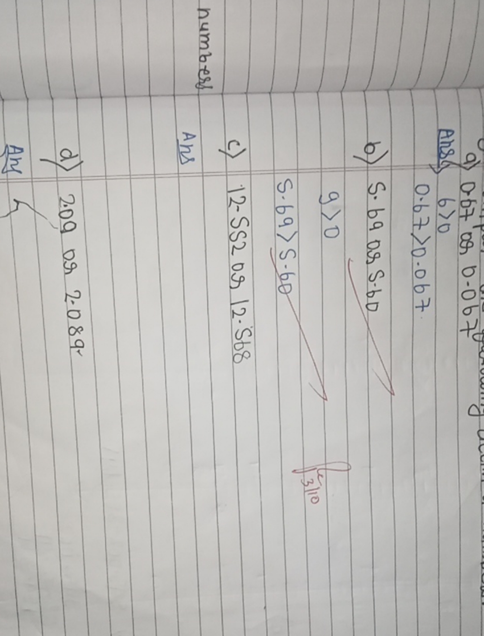 a) 0.67 or 0.067

Ans 6>0
0.67>0.067
b) s⋅69cos5.60
c) 12−552 or 12.56