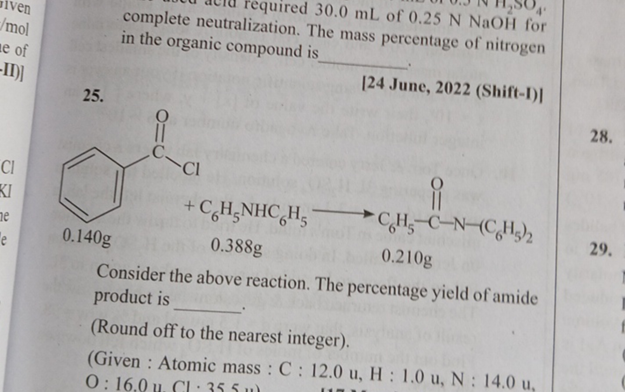 required 30.0 mL of 0.25 N NaOH for complete neutralization. The mass 