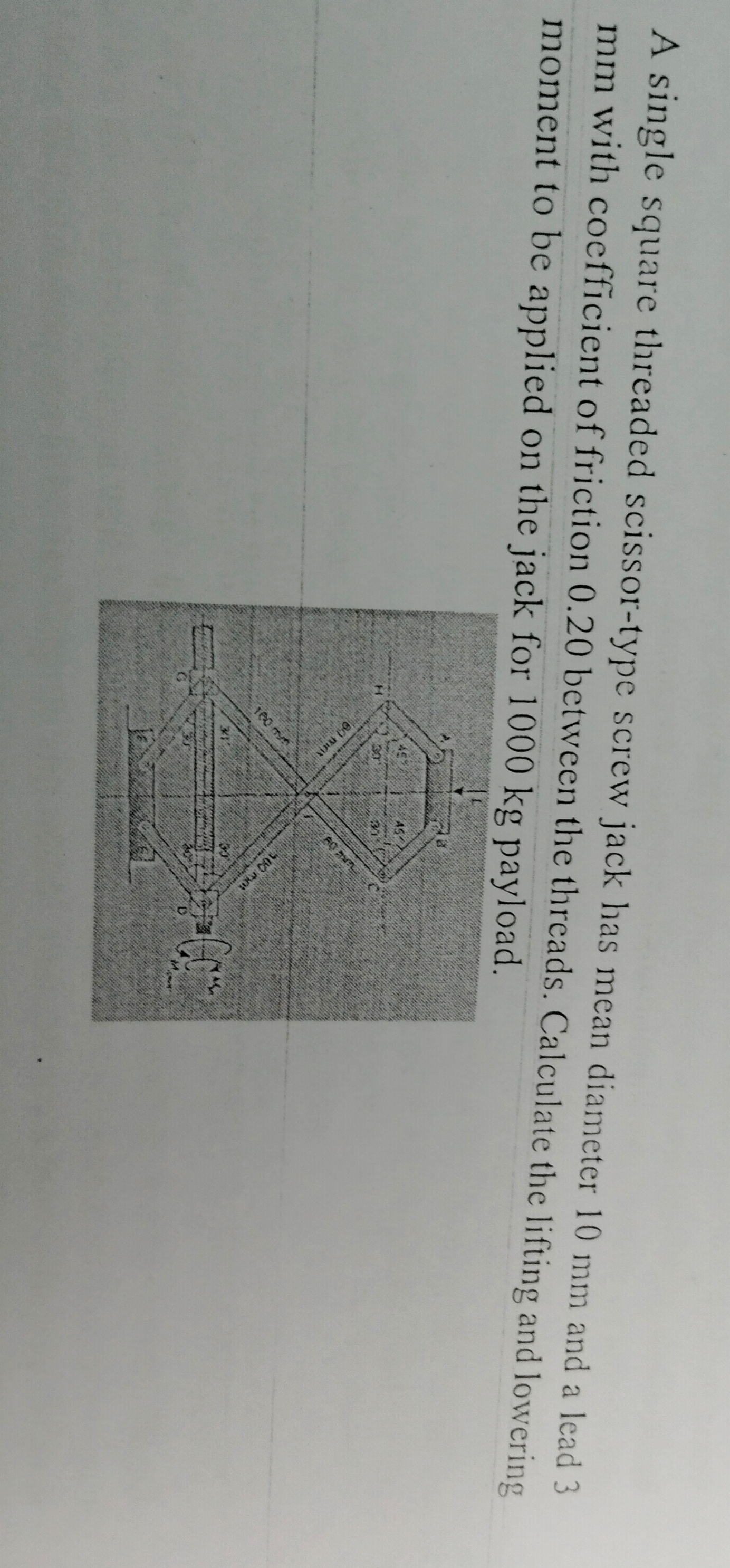 A single square threaded scissor-type screw jack has mean diameter 10 