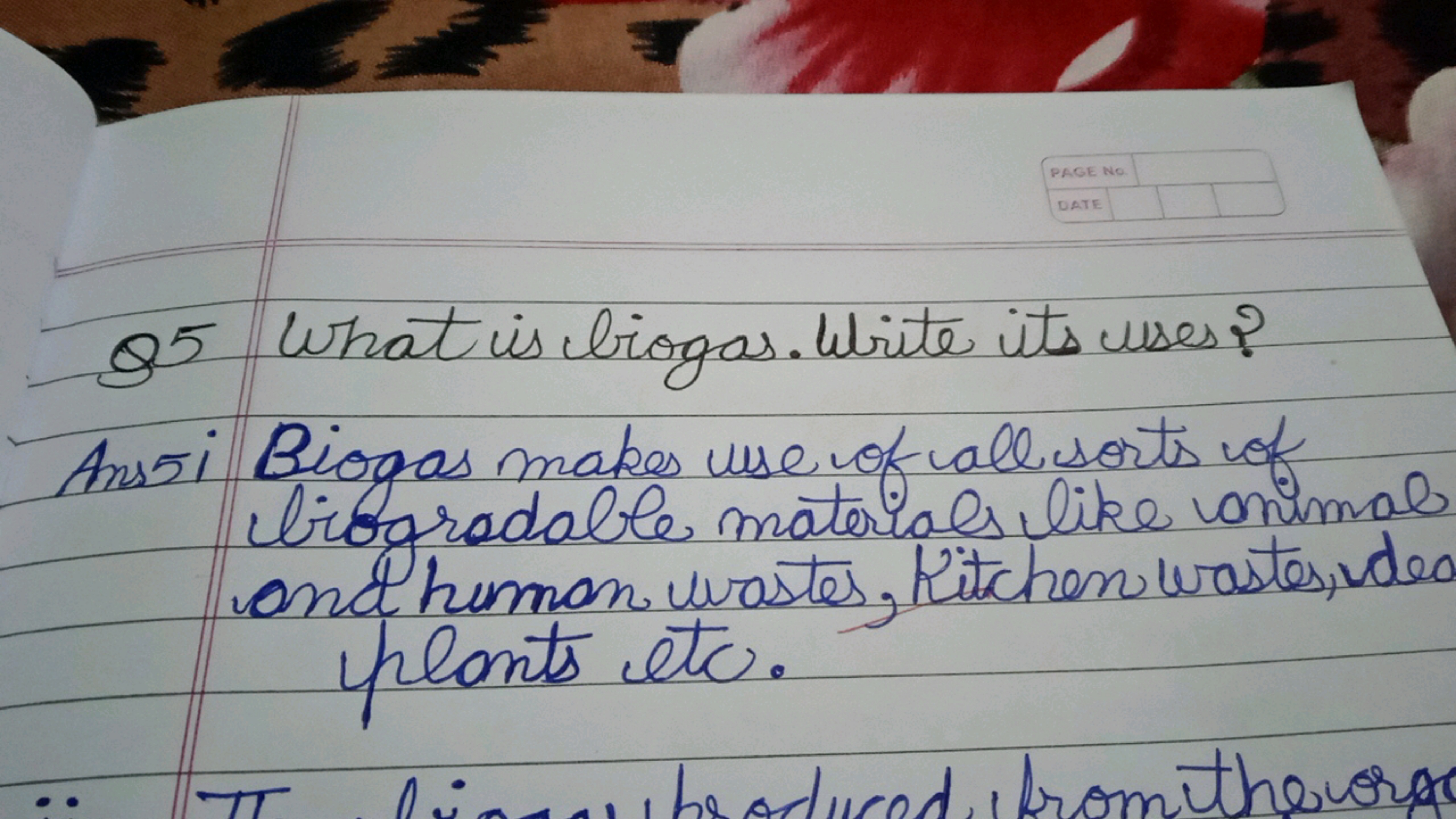 Q5 What is biogas. Write its uses?
Ans 5 i Biogas makes use of all sor