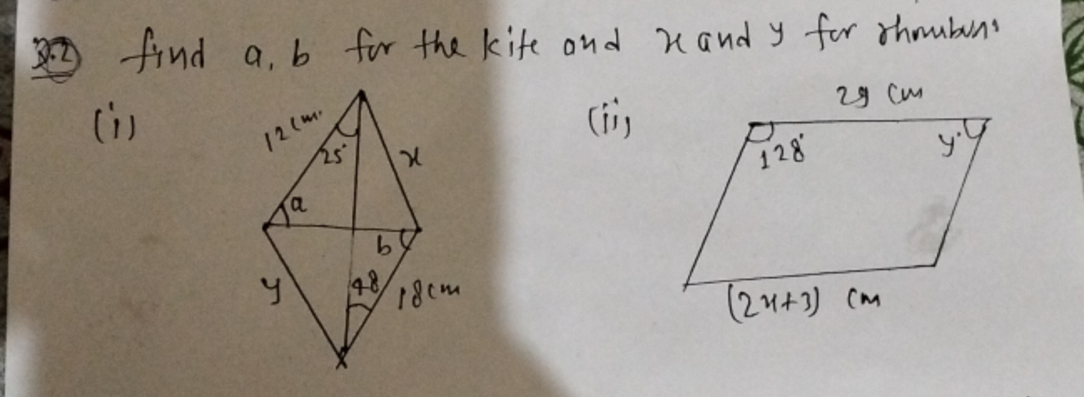 3.2) find a,b for the kite and x and y for rhmubun"
(i)
(ii)