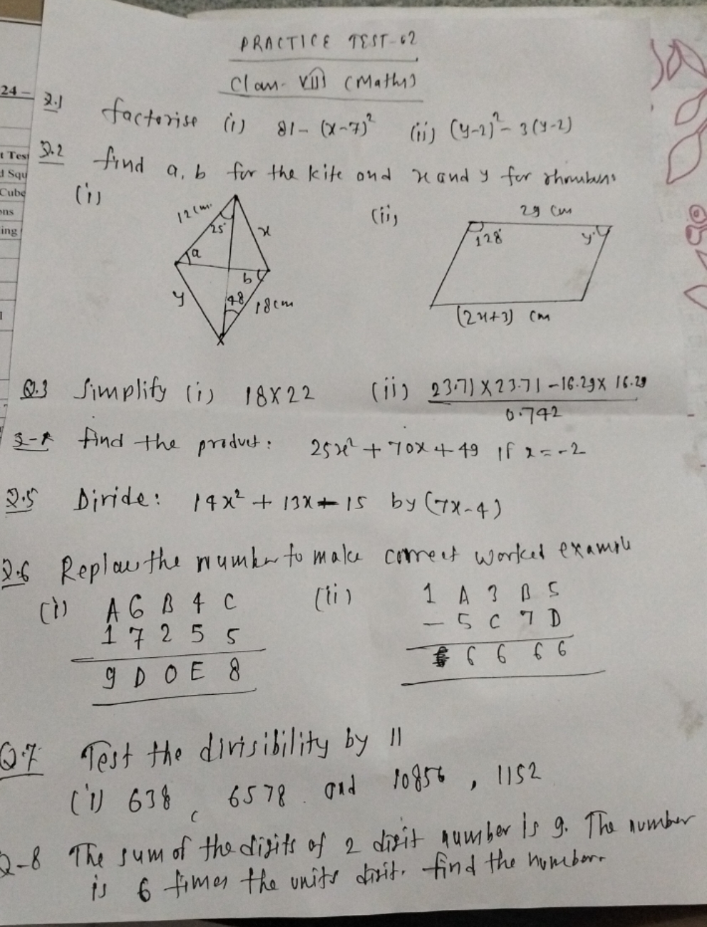 PRACTICE TEST-G2 Clan VIII (Mathis)
2. 1 factorise
(i) 81−(x−7)2
(ii) 