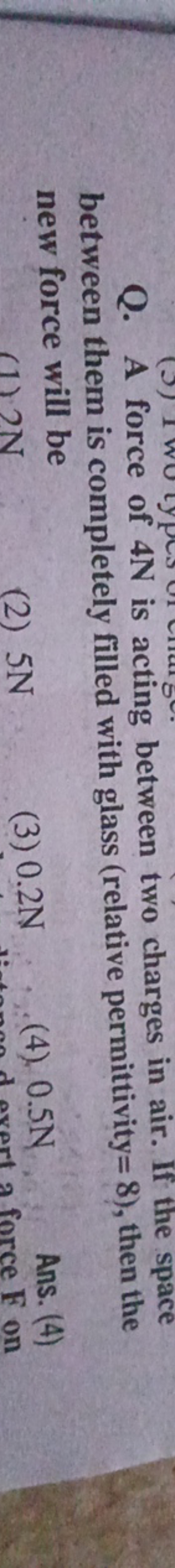 Q. A force of 4 N is acting between two charges in air. If the space b