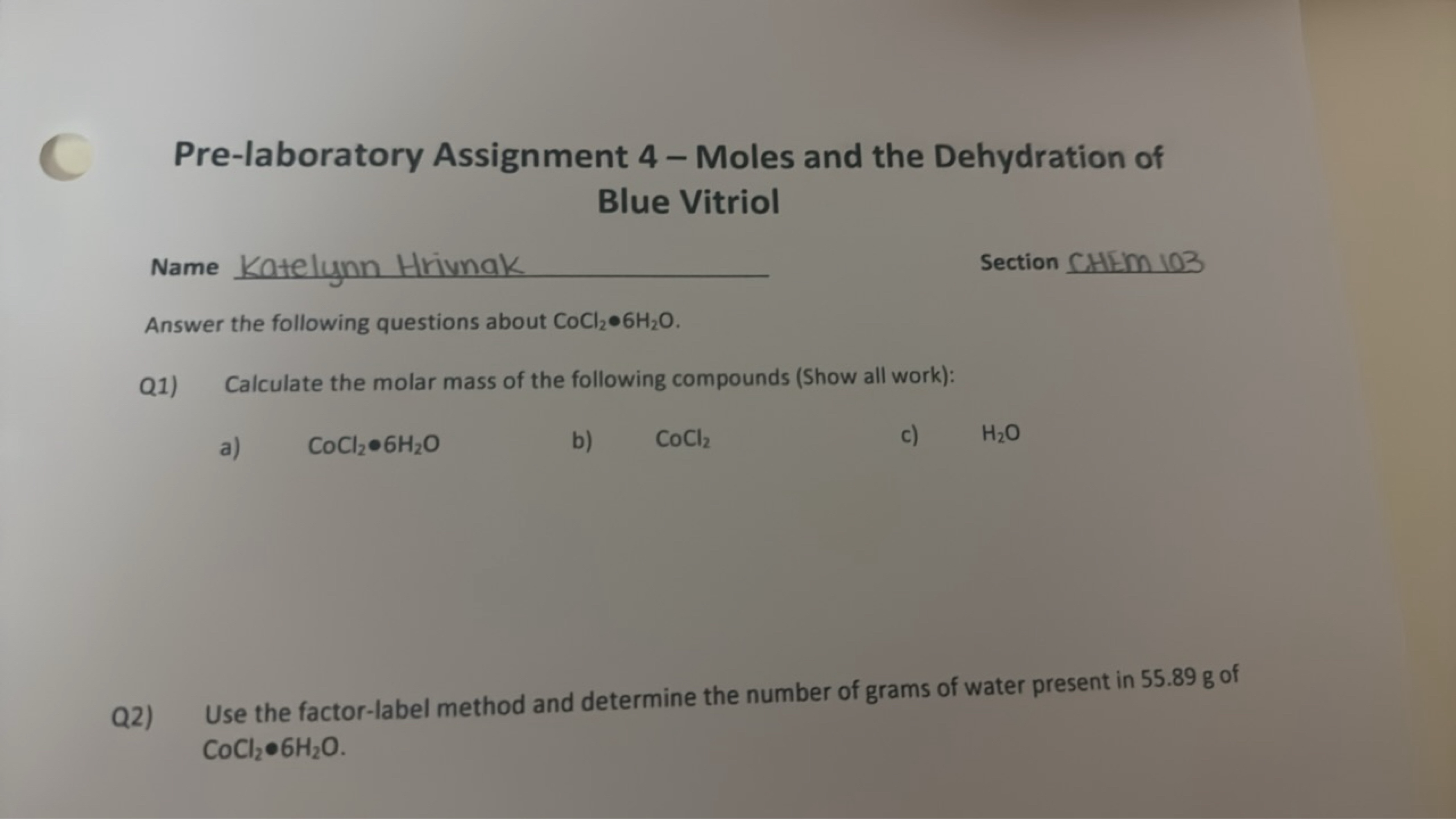 Pre-laboratory Assignment 4 - Moles and the Dehydration of Blue Vitrio