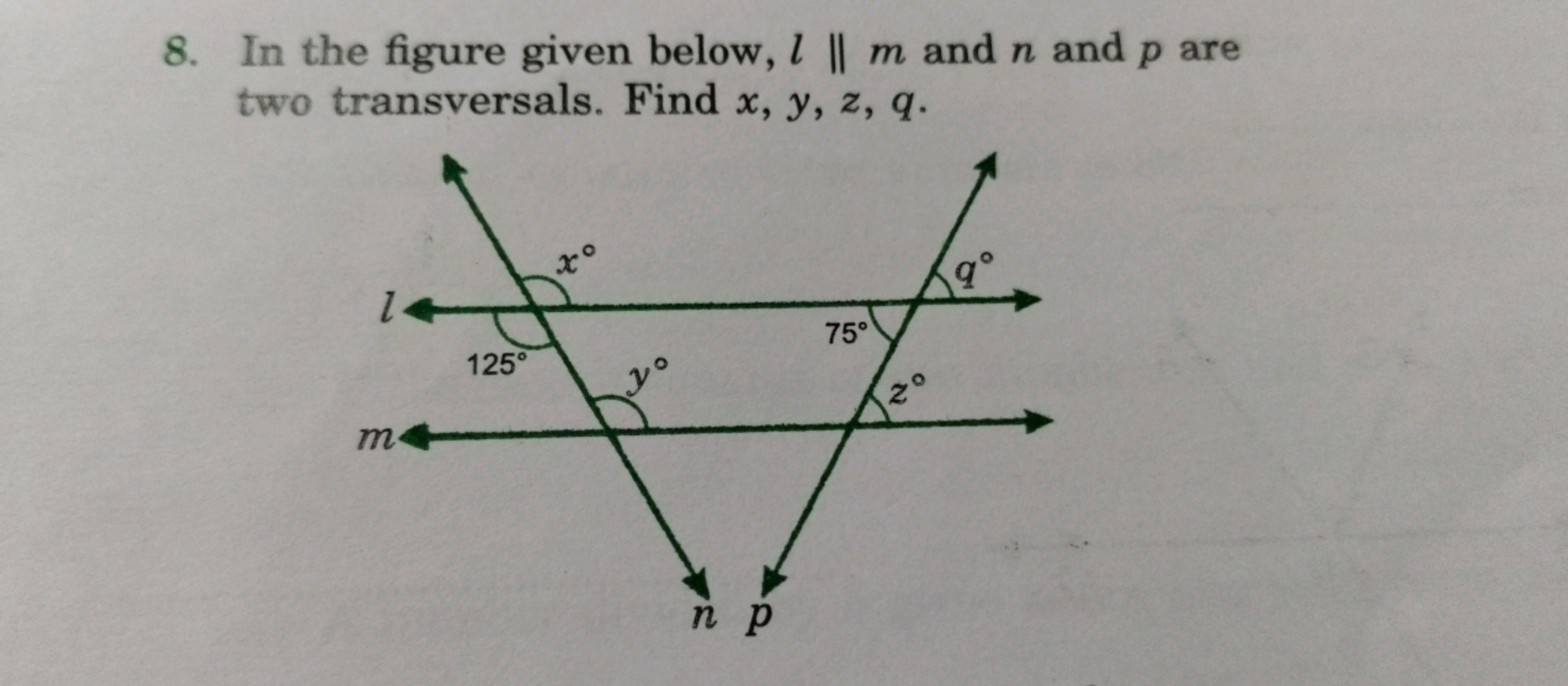 8. In the figure given below, l || m and n and p are
two transversals.