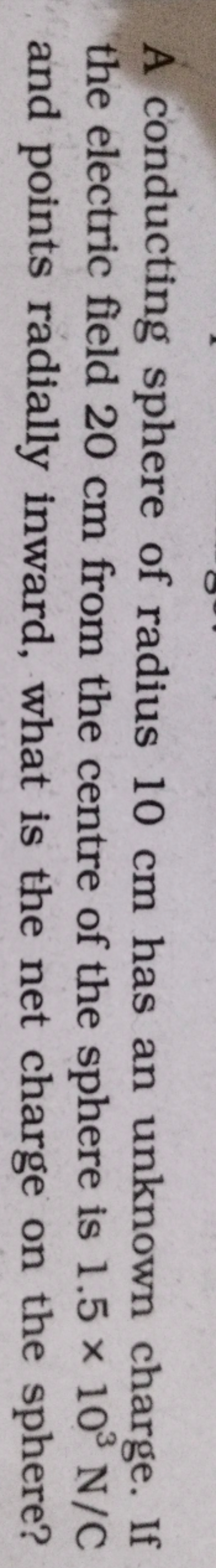 A conducting sphere of radius 10 cm has an unknown charge. If the elec