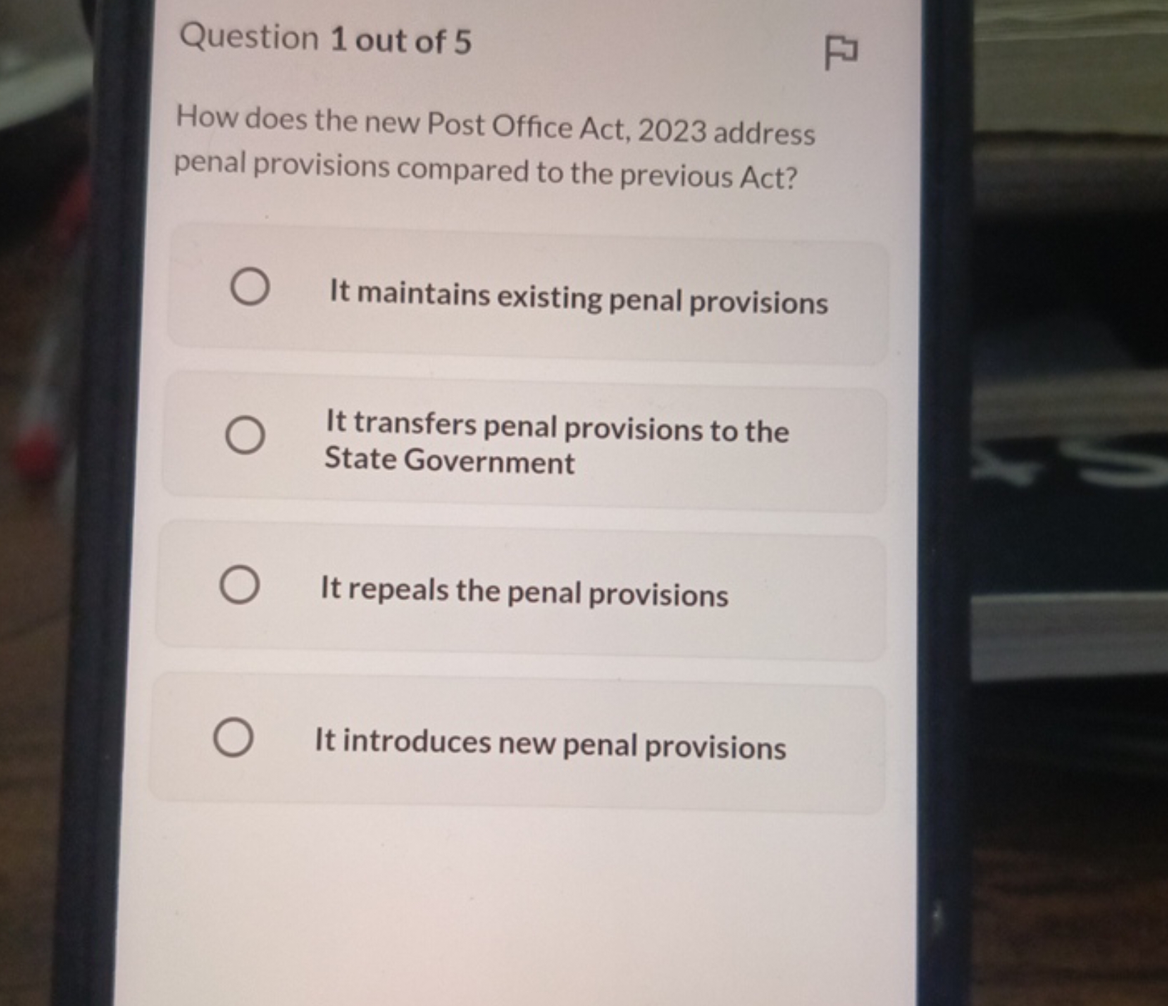 Question 1 out of 5

How does the new Post Office Act, 2023 address pe