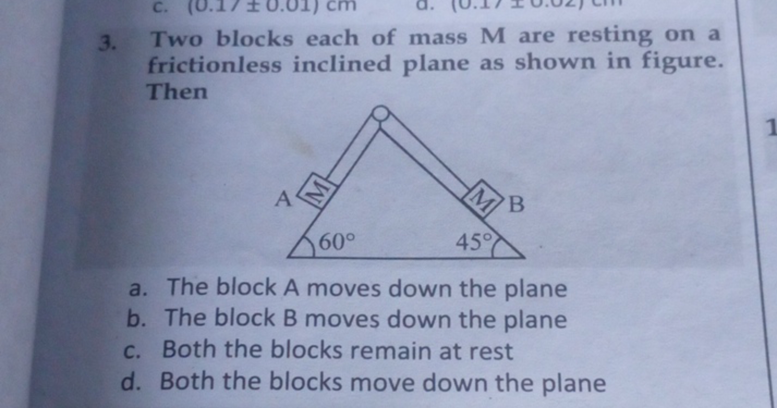 3. Two blocks each of mass M are resting on a frictionless inclined pl