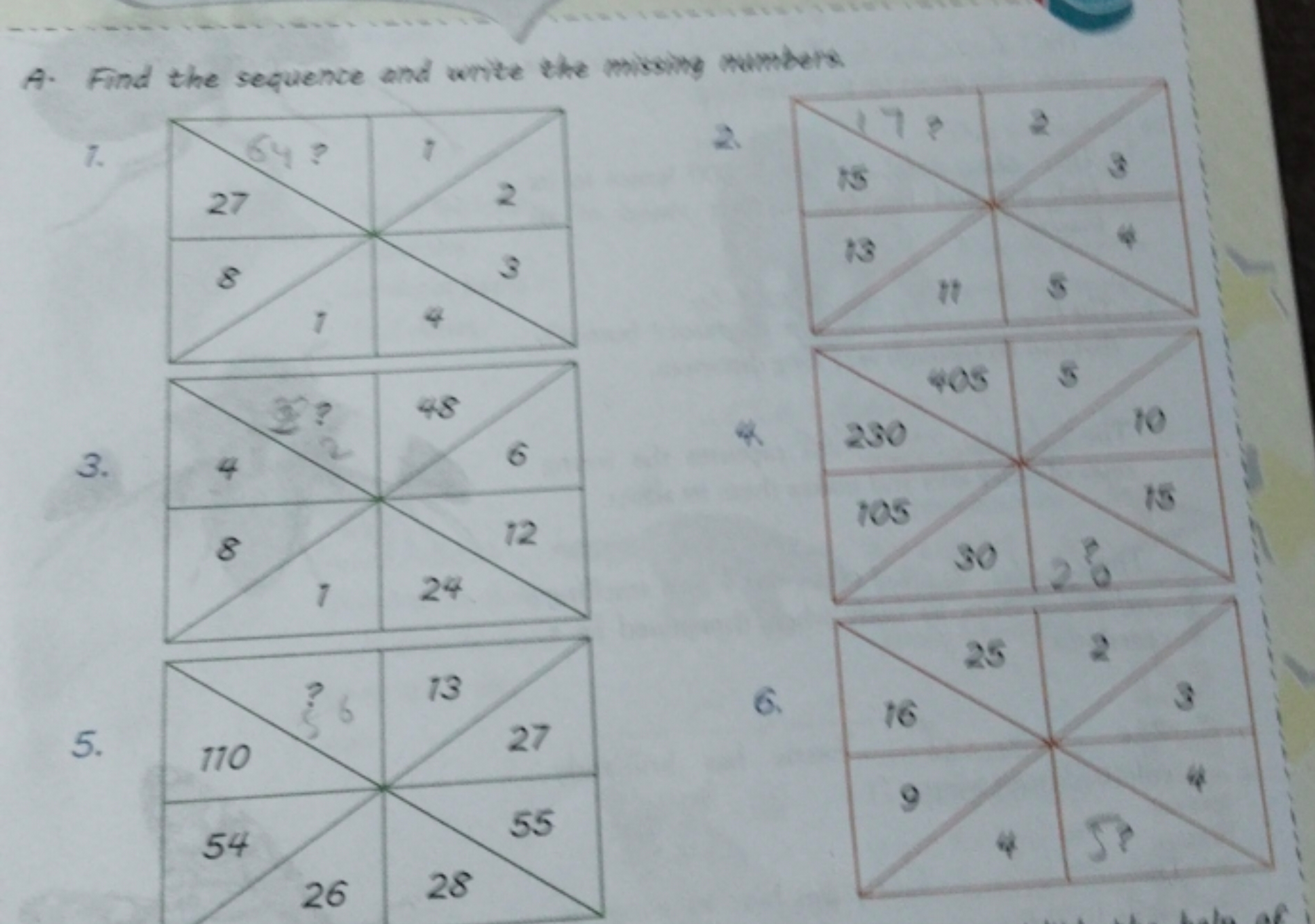 A. Find the sequence and write the missing numbers.
7.
3.
5.
2.
4
6.